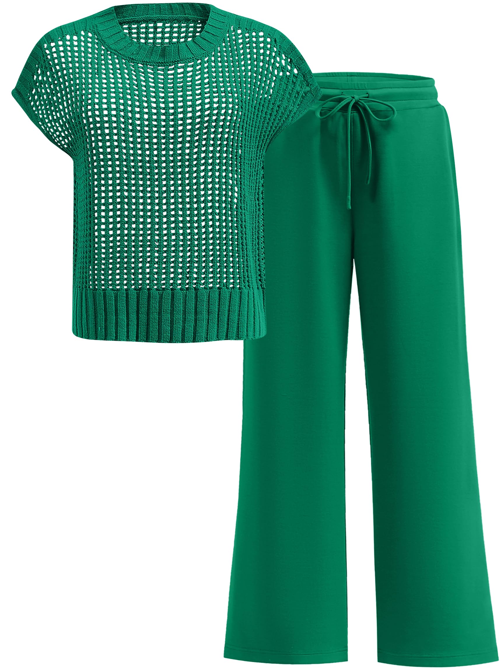 ANRABESS Women Two Piece Outfits Crochet Sheer Knit Sweater Top Wide Leg Pants Lounge Matching Sets Sweatsuit Travel Clothes