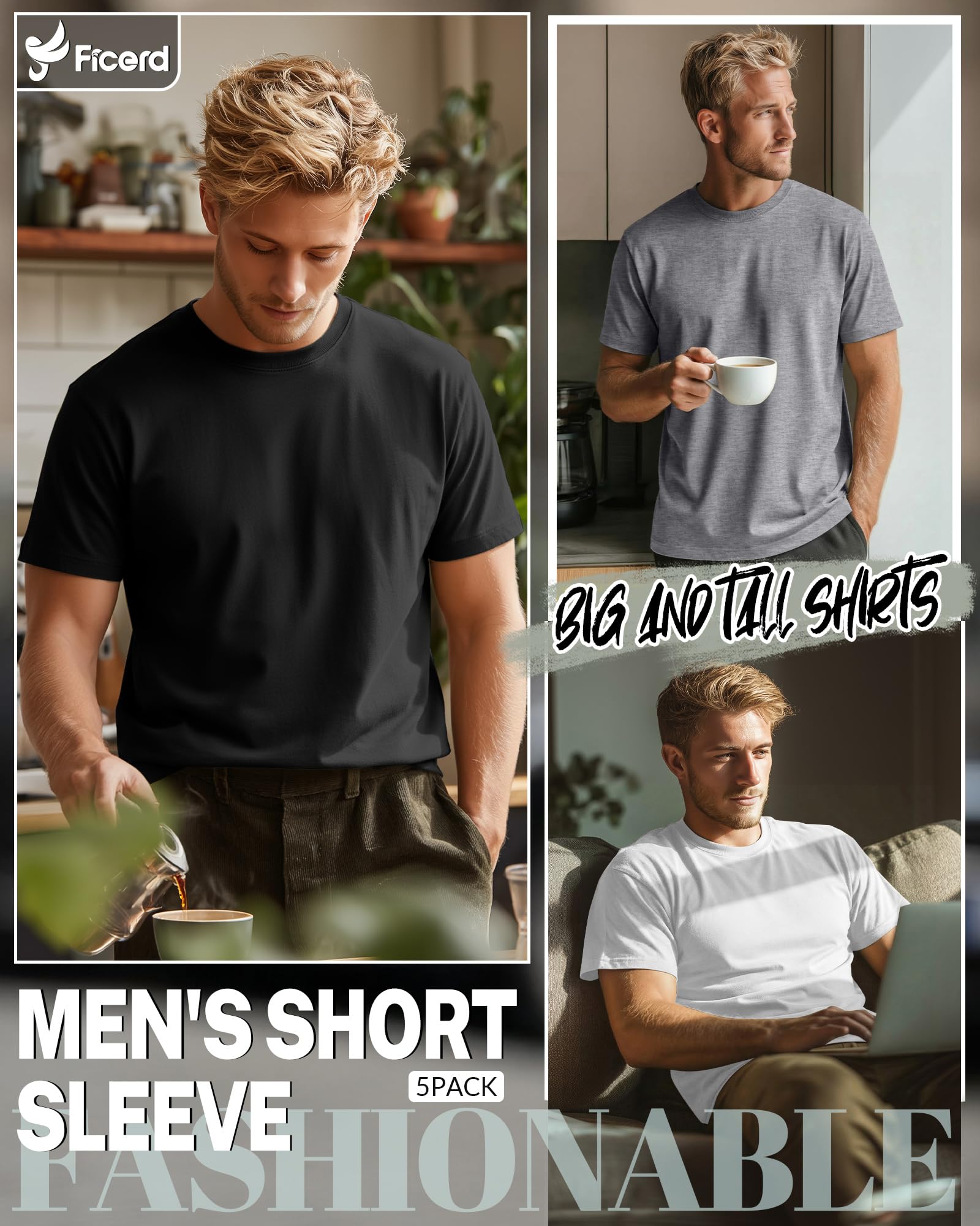 Ficerd 5 Pack Men's Big and Tall Shirts Short Sleeve Cotton Tee Summer Crew Neck Oversize Top Loose Fit Shirt Multipack
