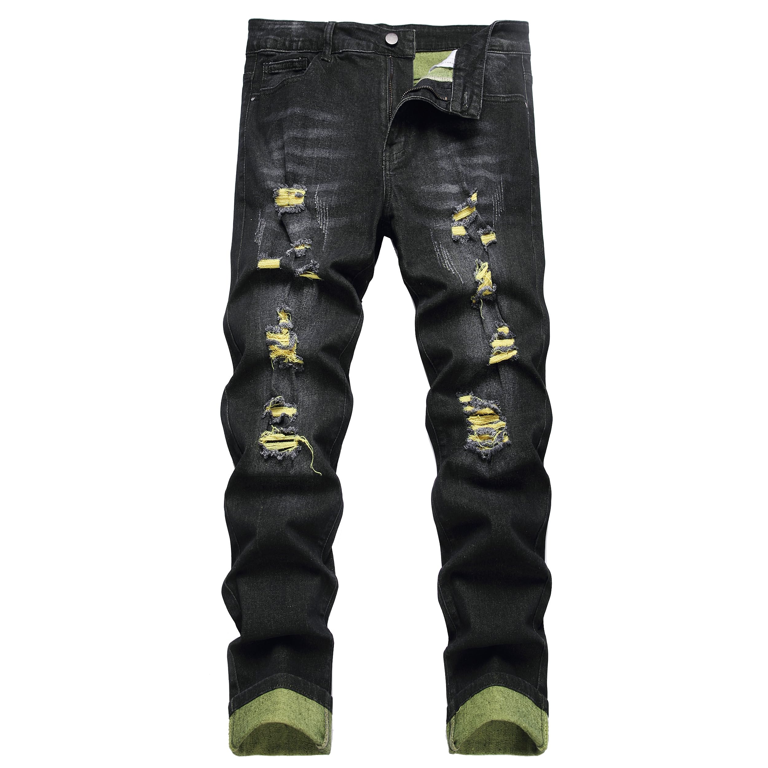 DANT BULUN Men's Ripped Distressed Destroyed Slim Fit Straight Leg Denim Jeans