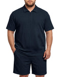 Sovneazy Big and Tall 2 Piece Outfits for Men Polo Shirt and Short Sets Quarter Zip Textured Summer Clothes, Black 2XL