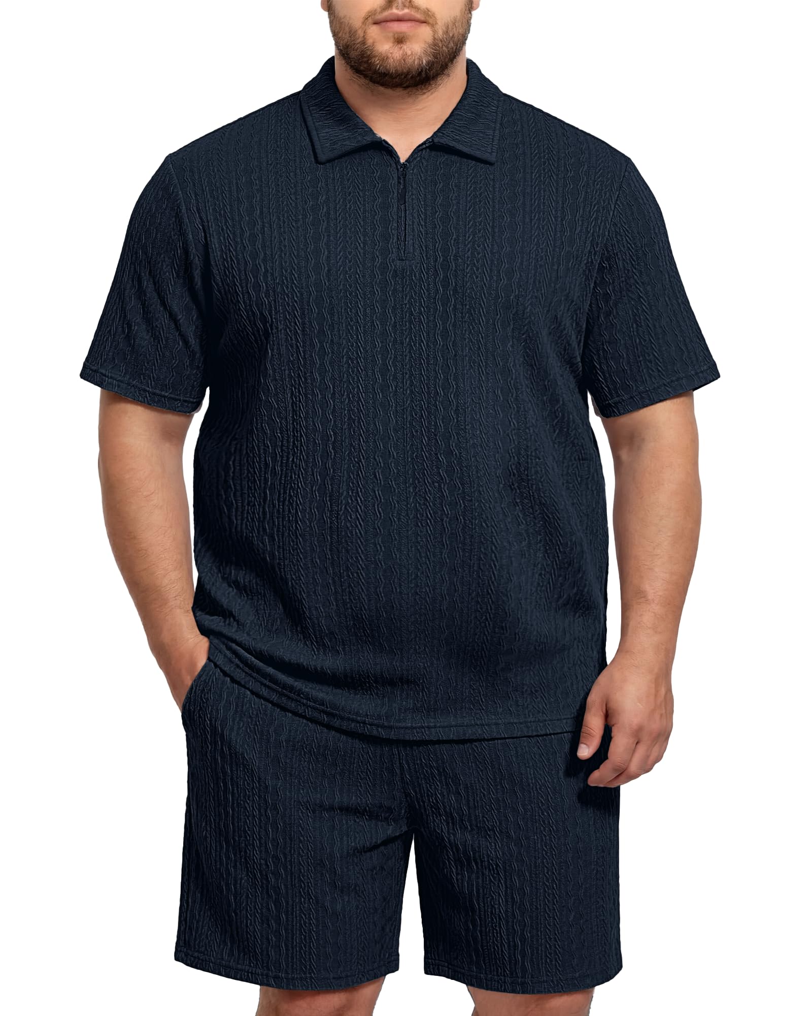 Sovneazy Big and Tall 2 Piece Outfits for Men Polo Shirt and Short Sets Quarter Zip Textured Summer Clothes, Black 2XL