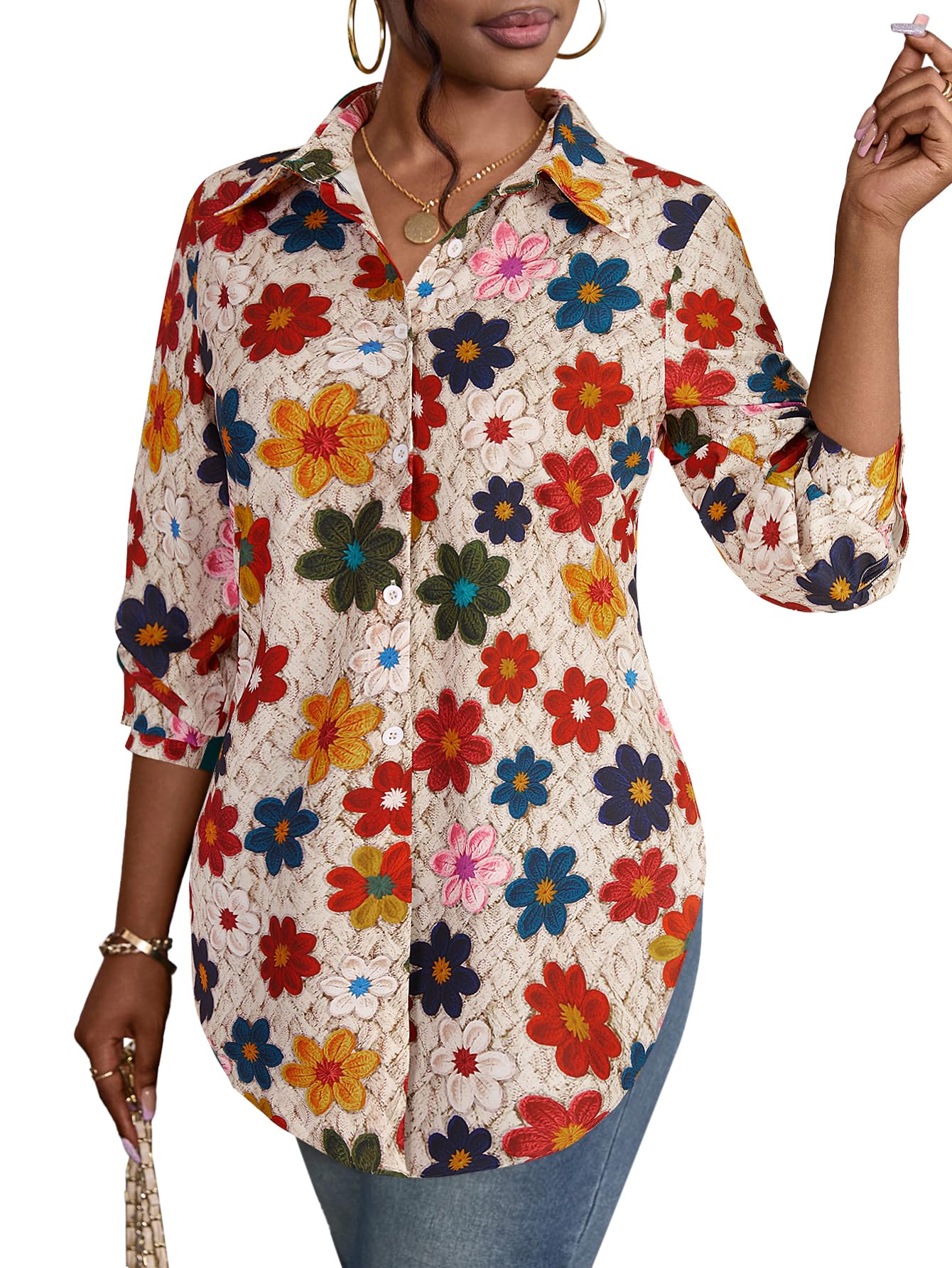 Rooscier Women's Button Down Shirts Collar V Neck Long Sleeve Slit Side Long Shirt Blouse Top