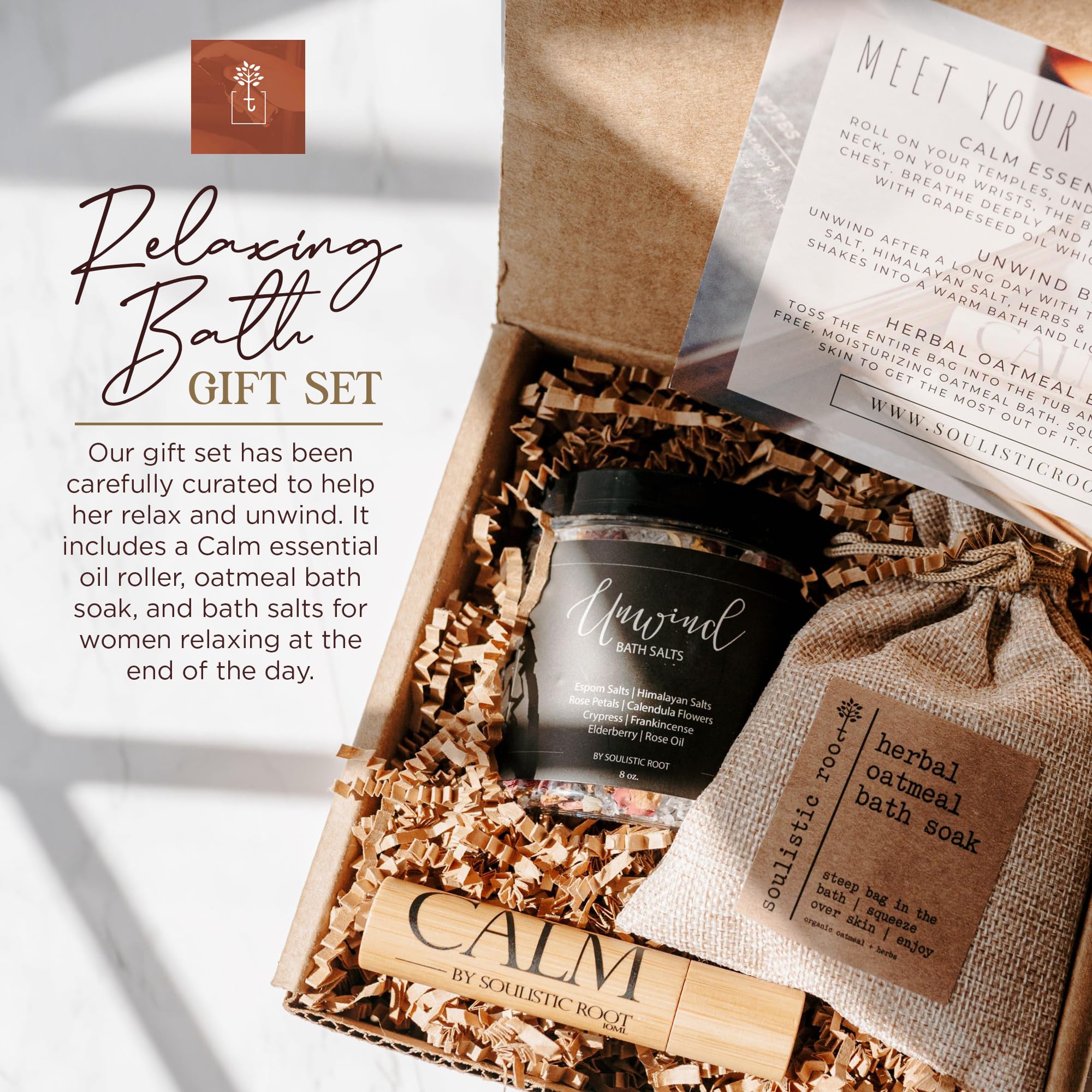 SOULISTIC ROOT Revitalizing Bath Gift - Premium Self-Care Bath & Body Set with Lavender Oatmeal Soak, Tranquil Essential Oil Roller, Epsom Salt Soak, Home Spa Kit, Ready-to-Gift Box