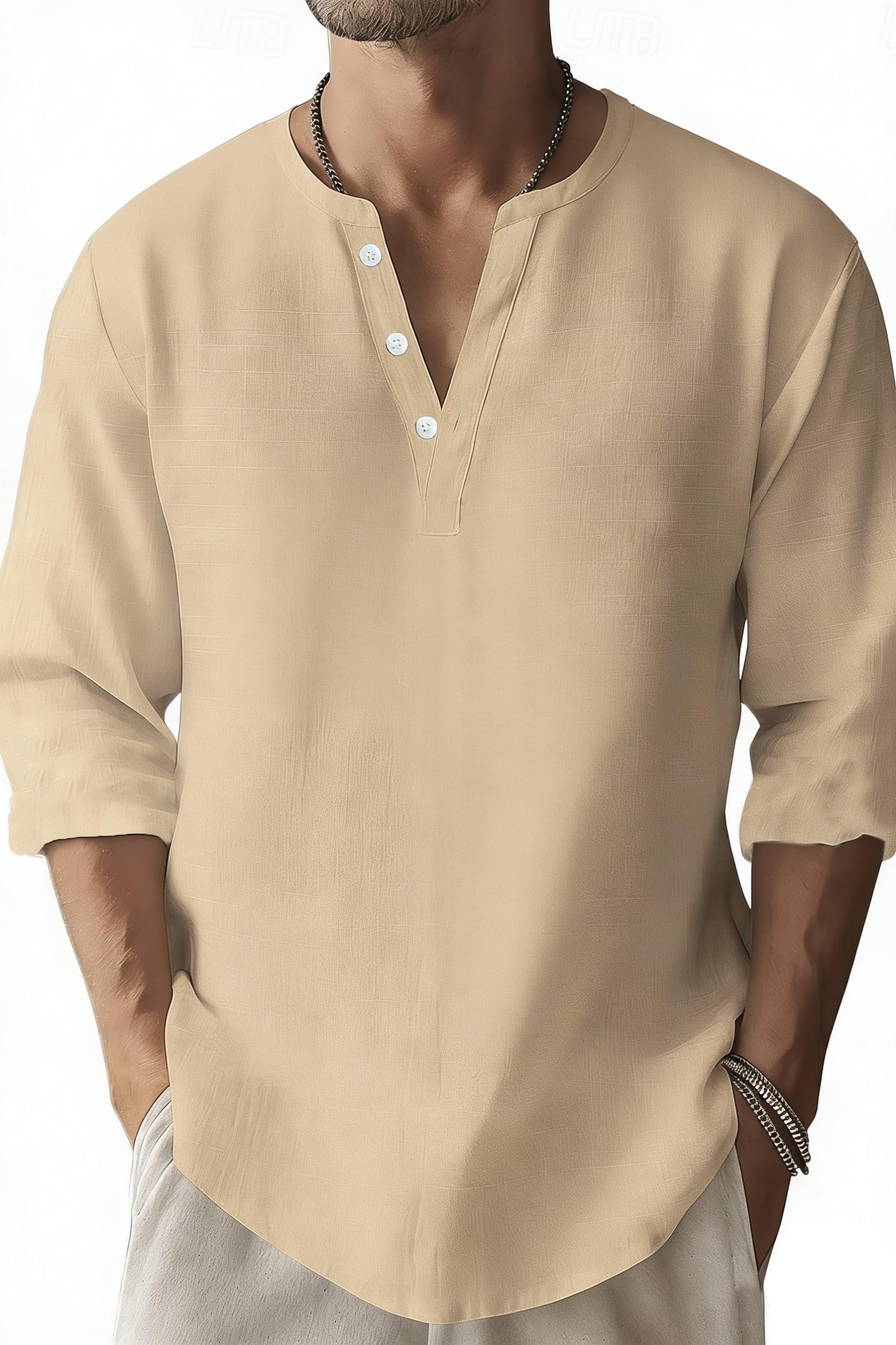 Mens Henley Shirts Summer Casual Button Banded Collar T Shirts Vintage Long Sleeve Cotton Linen Beach Pullover Tops