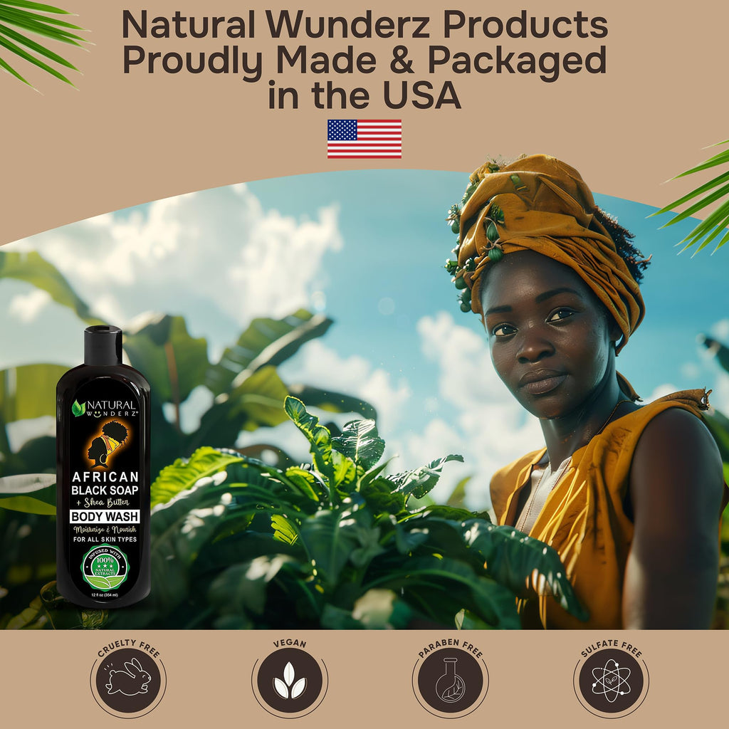 African Black Soap and Shea Butter Body Wash, Shower Gel, Promotes Acne Treatment, Contains All Natural Extracts, Vegan, and Sulfate-Free Body Scrub