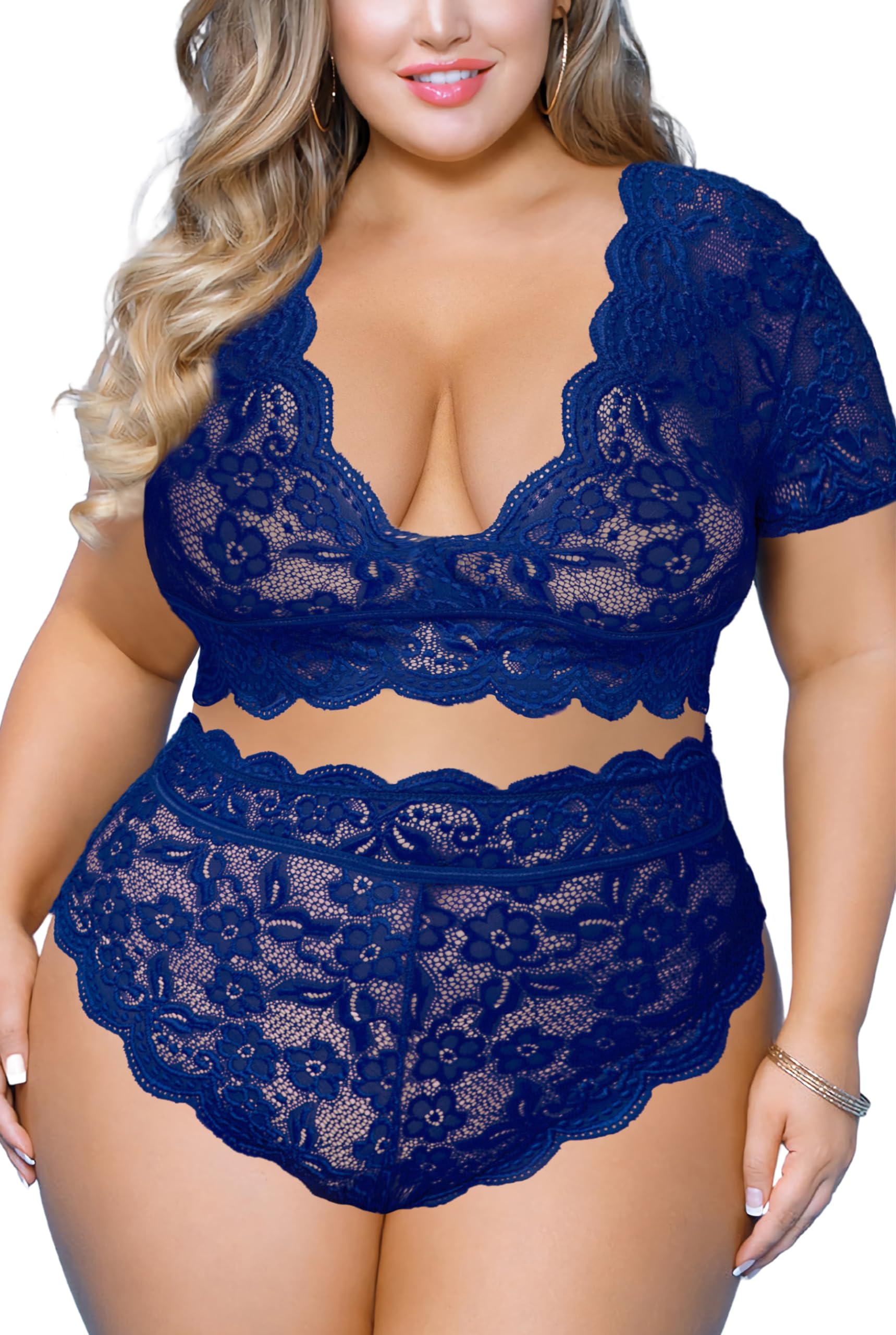 Plus Size 2 Piece Lingerie Set for Women Sexy Deep V Allover Lace Bra and Panty High Waist Nightwear Clubwear