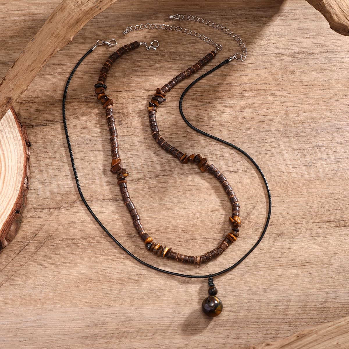 cotwdi Puka Shell Necklace Men Beaded Beach Necklaces for Men Surfer Necklace Black Brown Wood Beaded Jewelry Coconut Shell Conch Cowrie Seashell Necklaces Hawaiian Summer Beach Jewelry