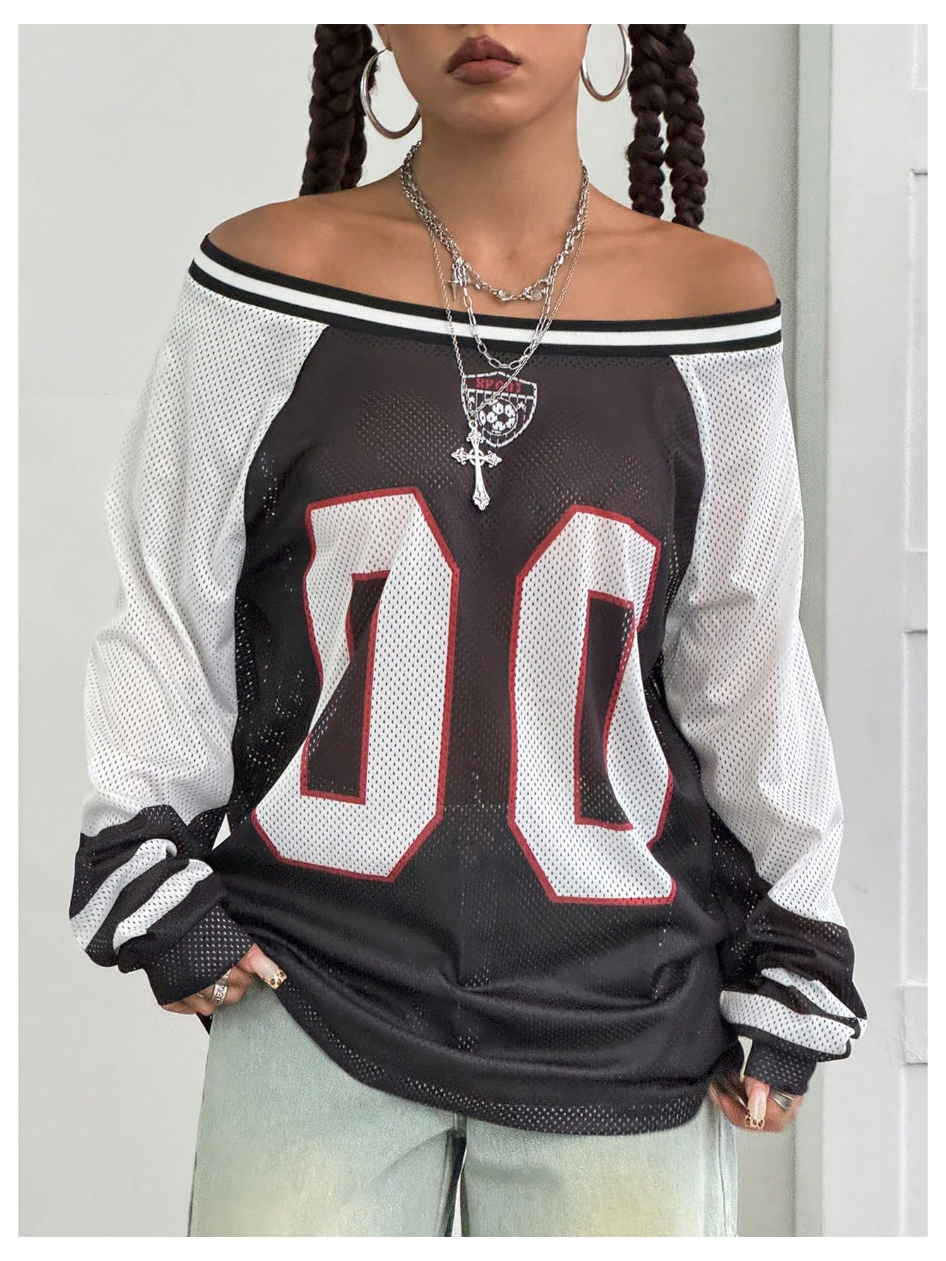 BEAUDRM Women's Y2k Mesh Jersey Shirts Sheer Graphic Tees Oversized Off The Shoulder Long Sleeve Tops Streetwear