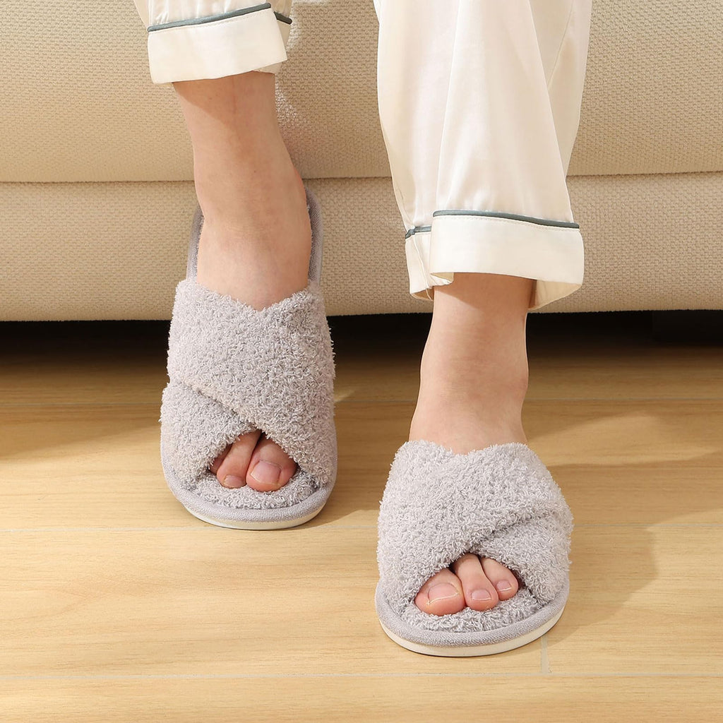 Evshine Women's Fuzzy Slippers Cross Band Memory Foam House Slippers Open Toe