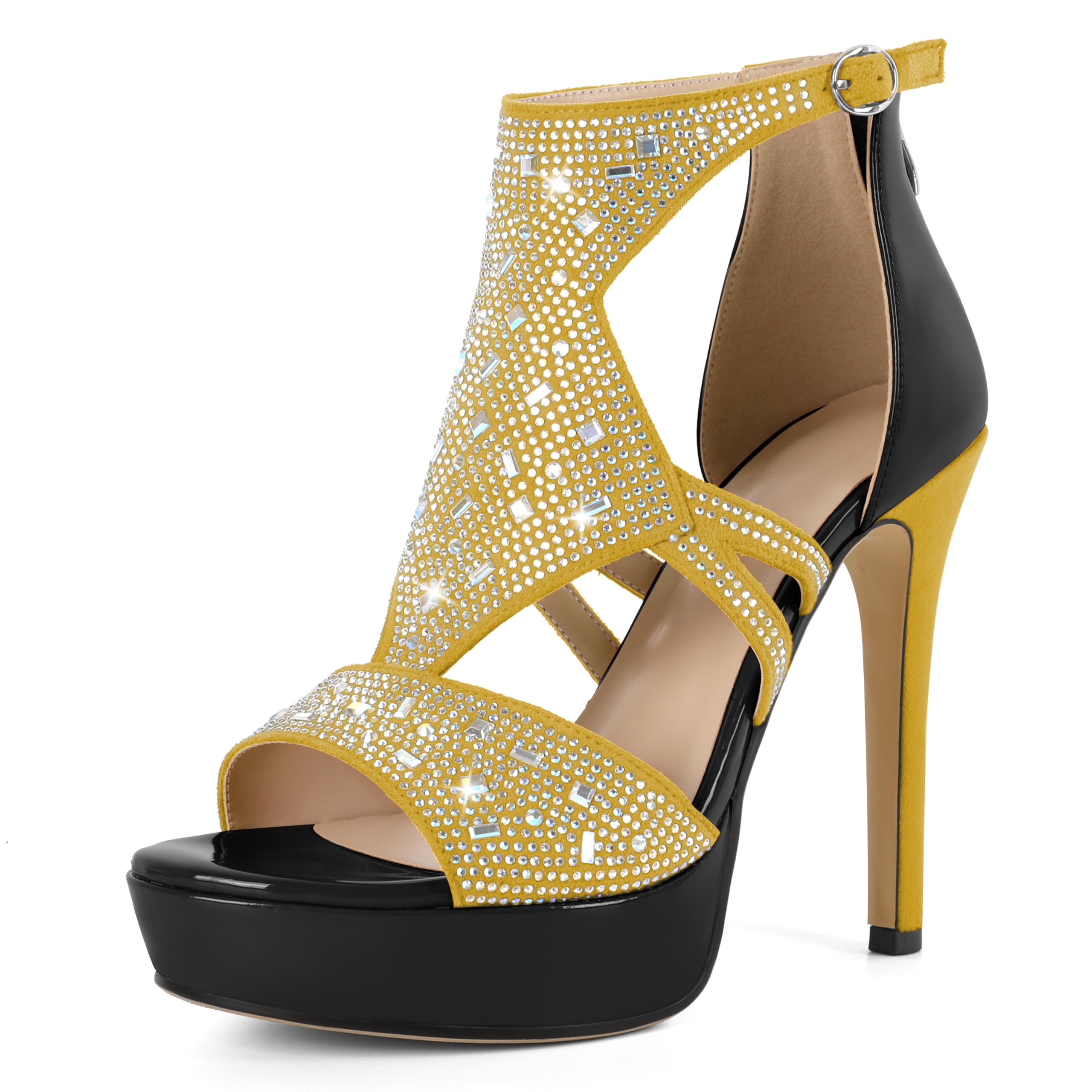 Eldof High Heeled Sandals for Women, Open Toe Strappy Platform Sandals, Cutout Gladiator Heels with Rinestones, Pumps Shoes for Dress Party Evening Summer