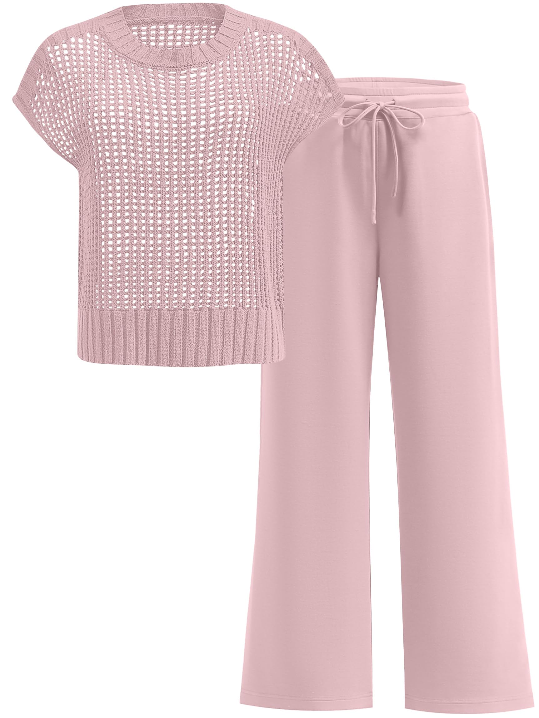 ANRABESS Women Two Piece Outfits Crochet Sheer Knit Sweater Top Wide Leg Pants Lounge Matching Sets Sweatsuit Travel Clothes