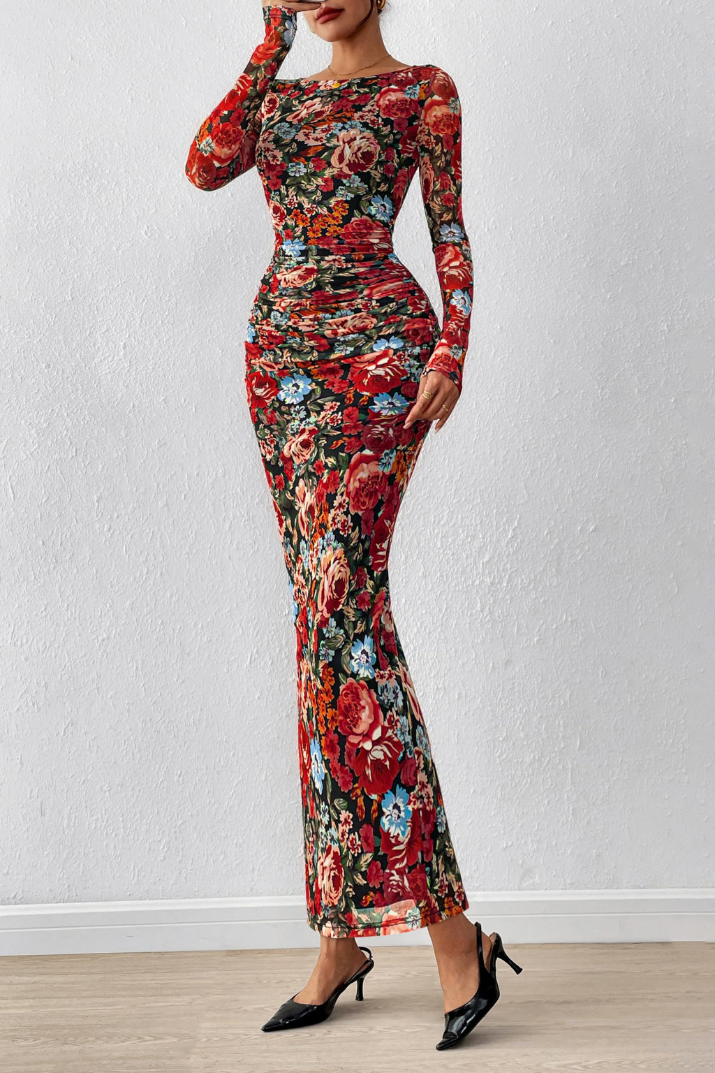 PRETTYGARDEN Women's Long Sleeve Bodycon Dresses 2026 Spring Sexy Floral Mesh Slit Ruched Tight Maxi Wedding Guest Dress