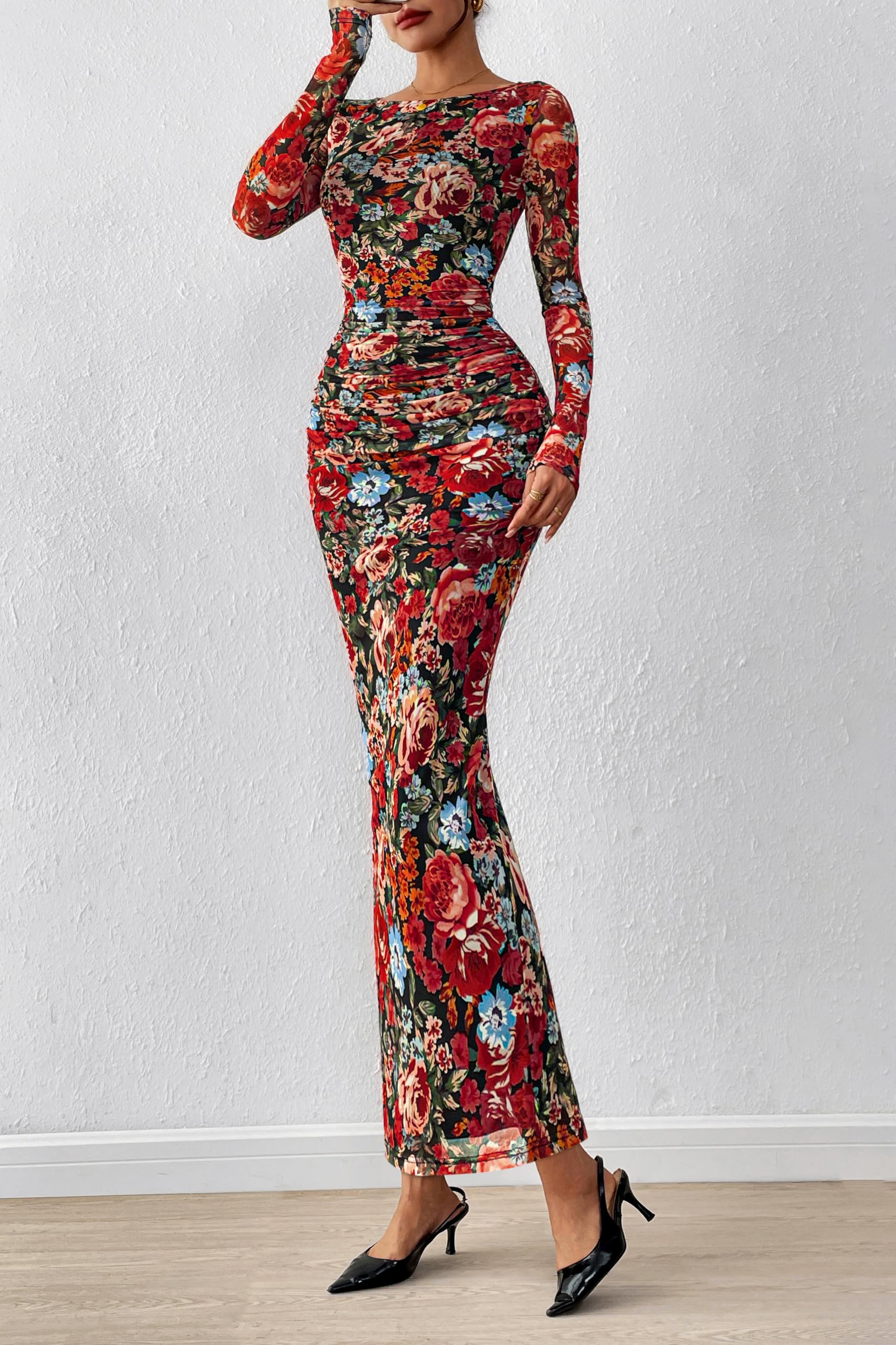 PRETTYGARDEN Women's Long Sleeve Bodycon Dresses 2026 Spring Sexy Floral Mesh Slit Ruched Tight Maxi Wedding Guest Dress