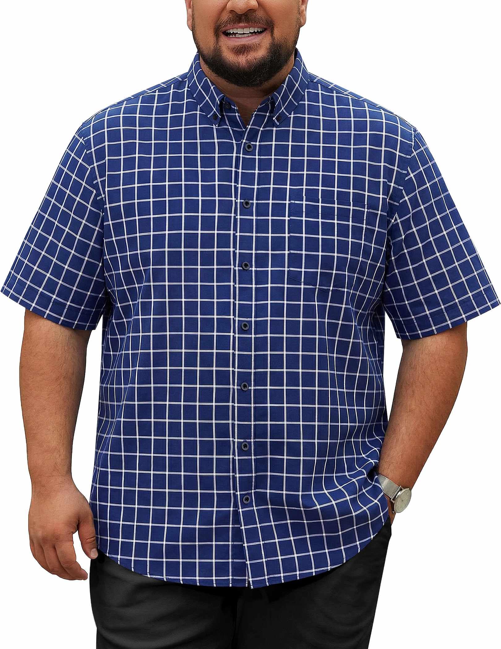 COOFANDY Mens Big and Tall Shirts Short Sleeve Casual Button Down Plaid Shirt Wrinkle Free Dress Shirt with Pocket