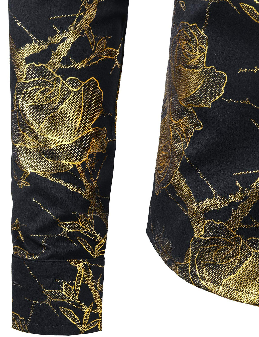 ZEROYAA Mens Hipster 3D Golden Rose Floral Printed Slim Fit Long Sleeve Button Down Dress Shirts