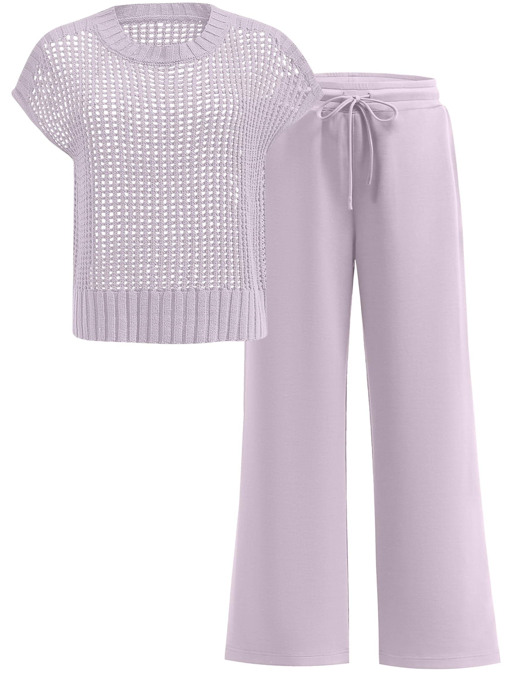 ANRABESS Women Two Piece Outfits Crochet Sheer Knit Sweater Top Wide Leg Pants Lounge Matching Sets Sweatsuit Travel Clothes