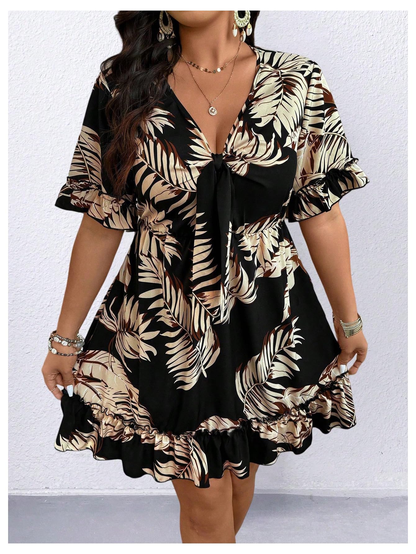 Floerns Women's Plus Size Summer Vacation Wrap V Neck Short Sleeve Ruffle Hem A Line Hawaiian Short Dress