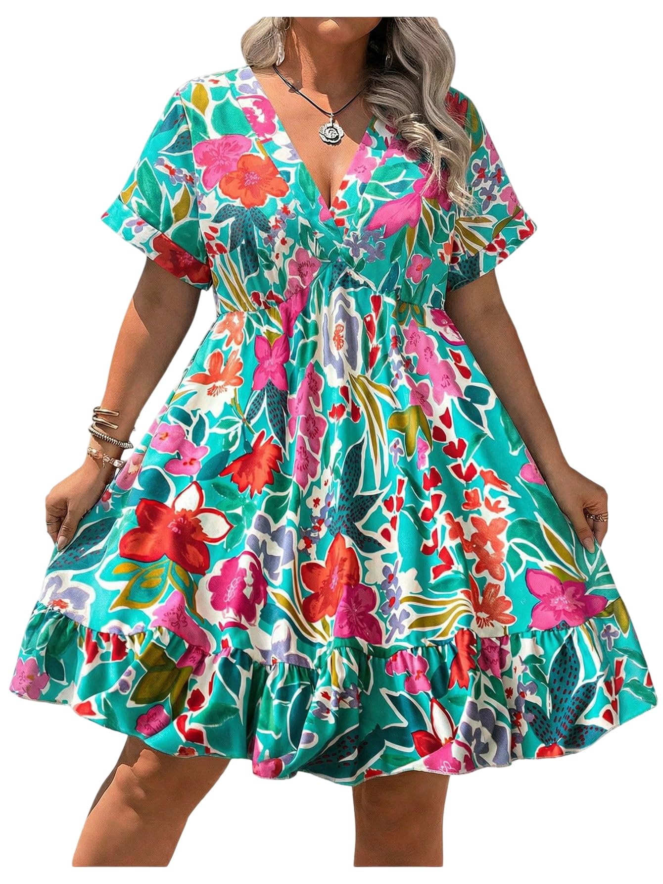 Floerns Women's Plus Size Summer Vacation Wrap V Neck Short Sleeve Ruffle Hem A Line Hawaiian Short Dress