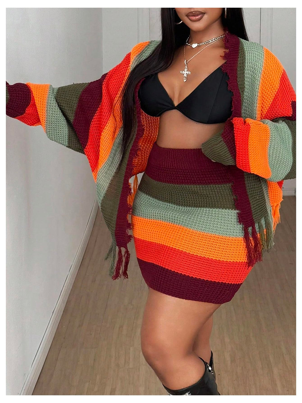 WDIRARA Women's Plus Size 2 Piece Outfits Colorblock Striped Open Front Fringe Cardigan Bodycon Mini Skirt Set