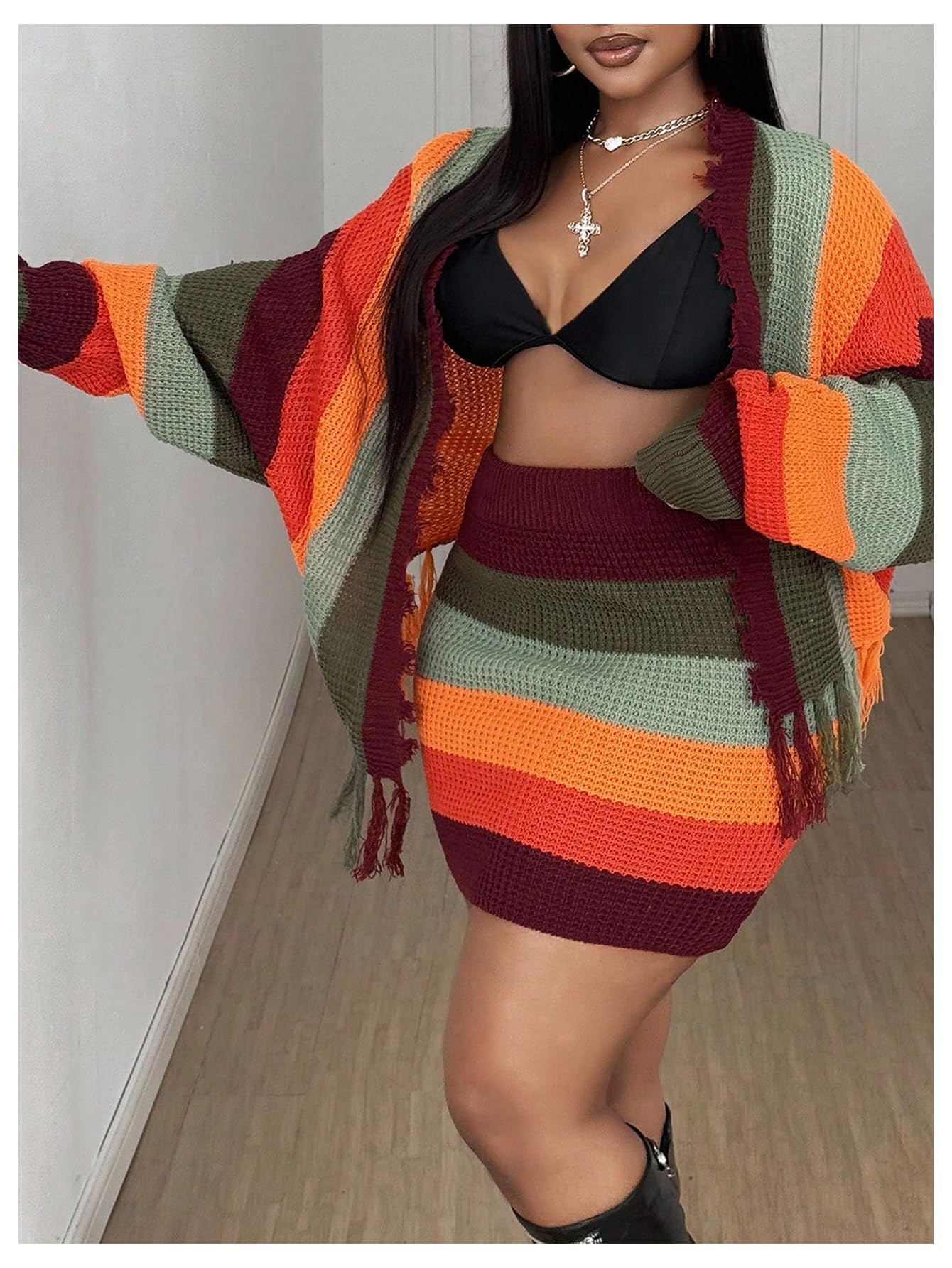 WDIRARA Women's Plus Size 2 Piece Outfits Colorblock Striped Open Front Fringe Cardigan Bodycon Mini Skirt Set