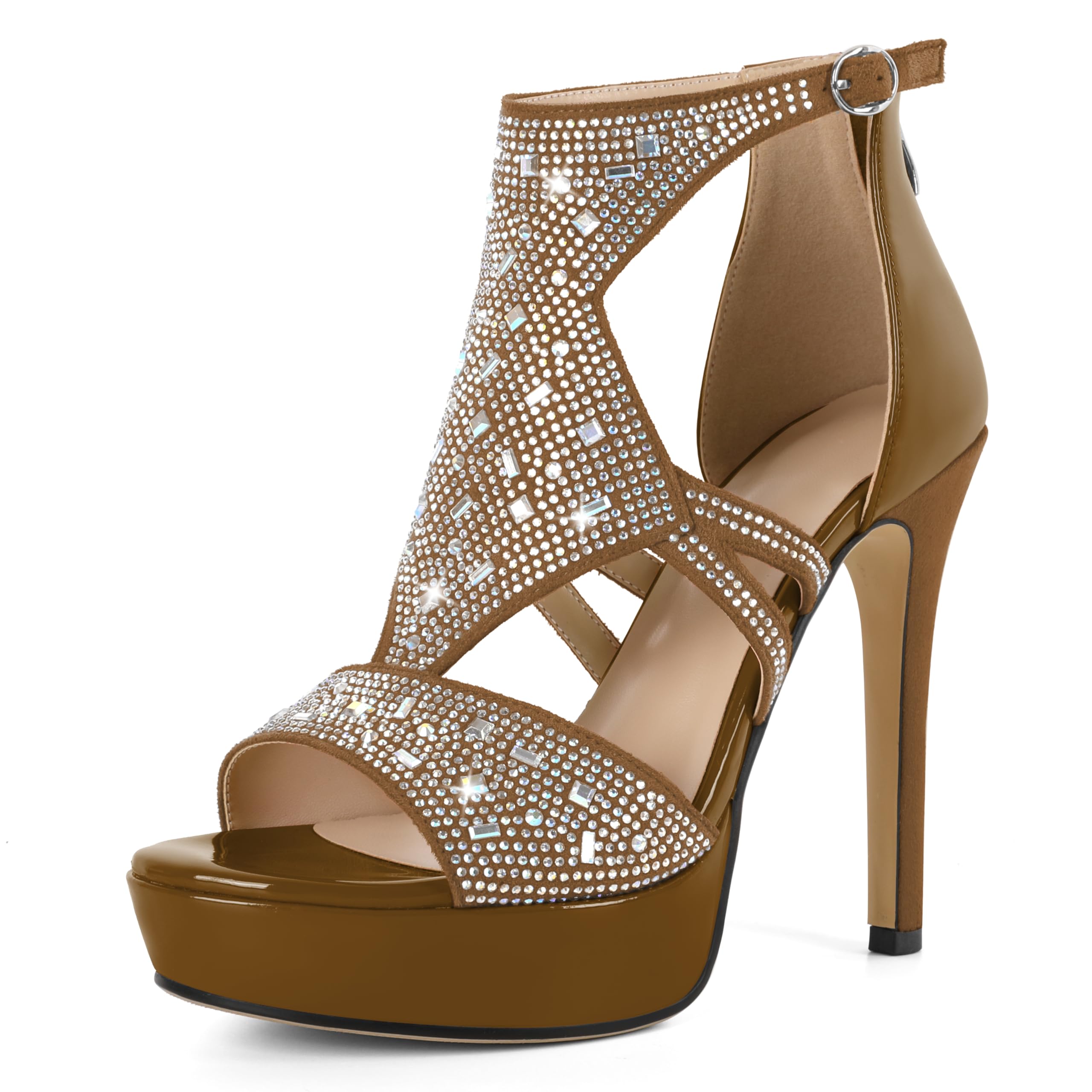 Eldof High Heeled Sandals for Women, Open Toe Strappy Platform Sandals, Cutout Gladiator Heels with Rinestones, Pumps Shoes for Dress Party Evening Summer