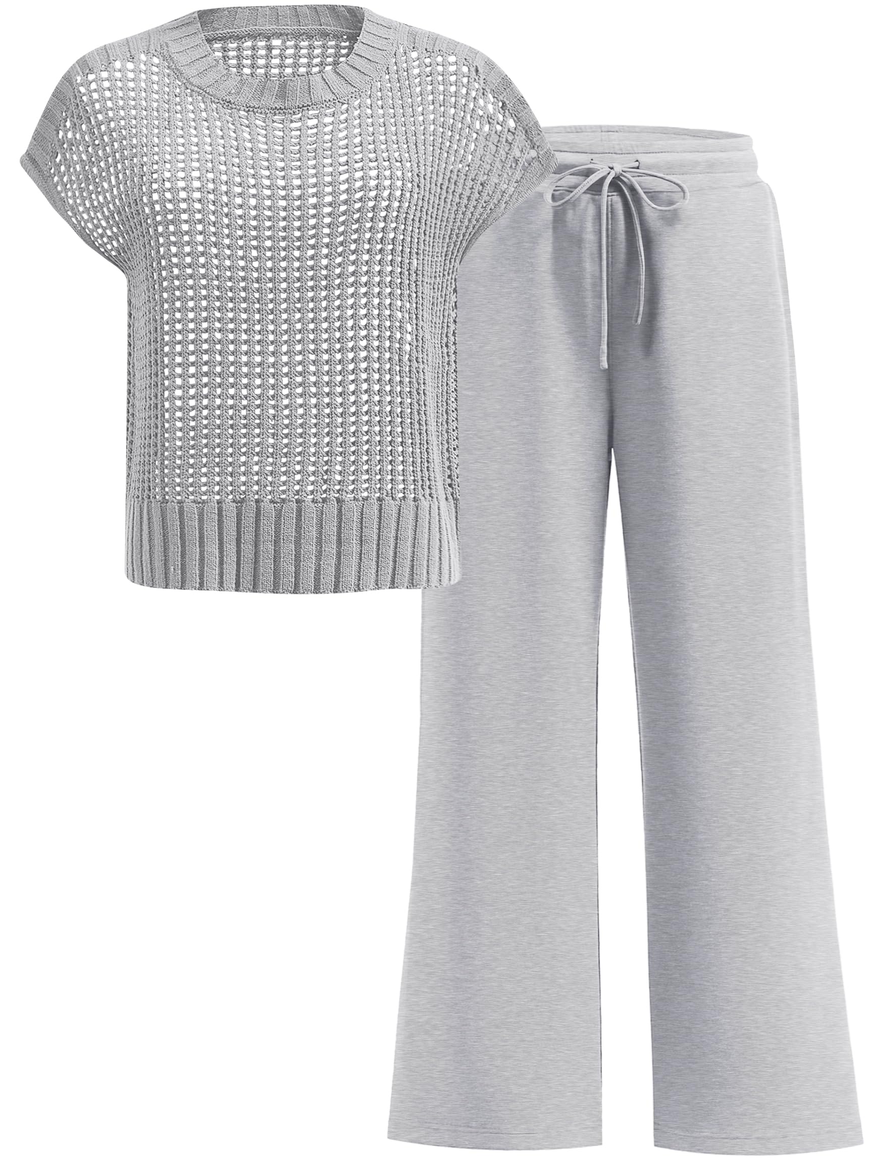 ANRABESS Women Two Piece Outfits Crochet Sheer Knit Sweater Top Wide Leg Pants Lounge Matching Sets Sweatsuit Travel Clothes