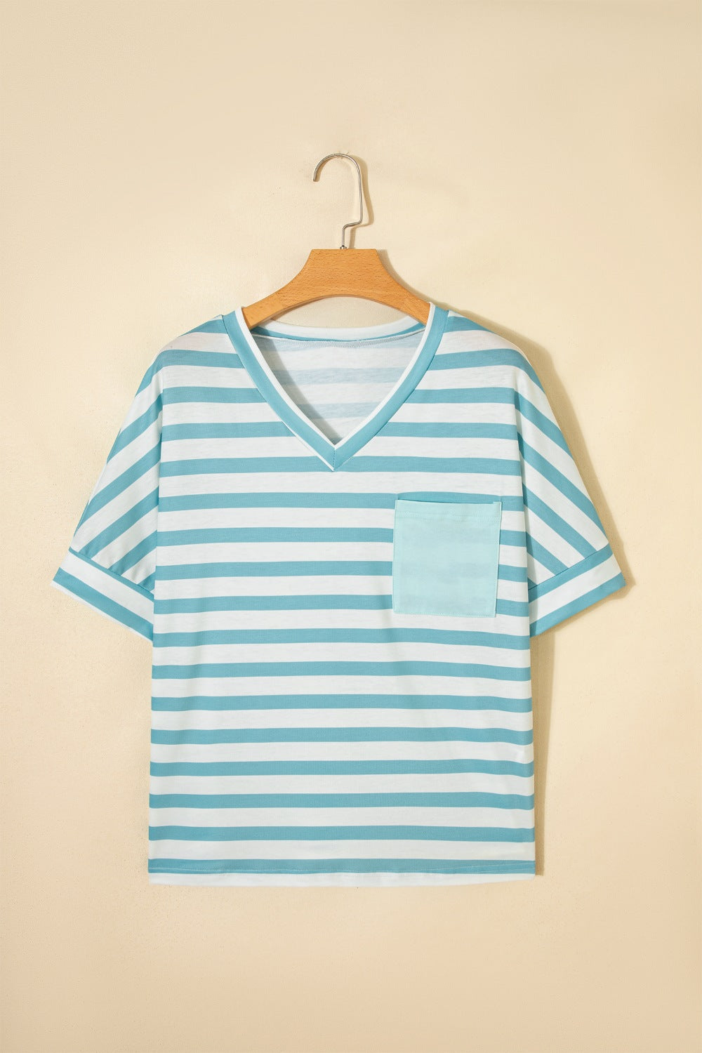 Women Striped V Neck Short Sleeve Casual T Shirt with Pocket