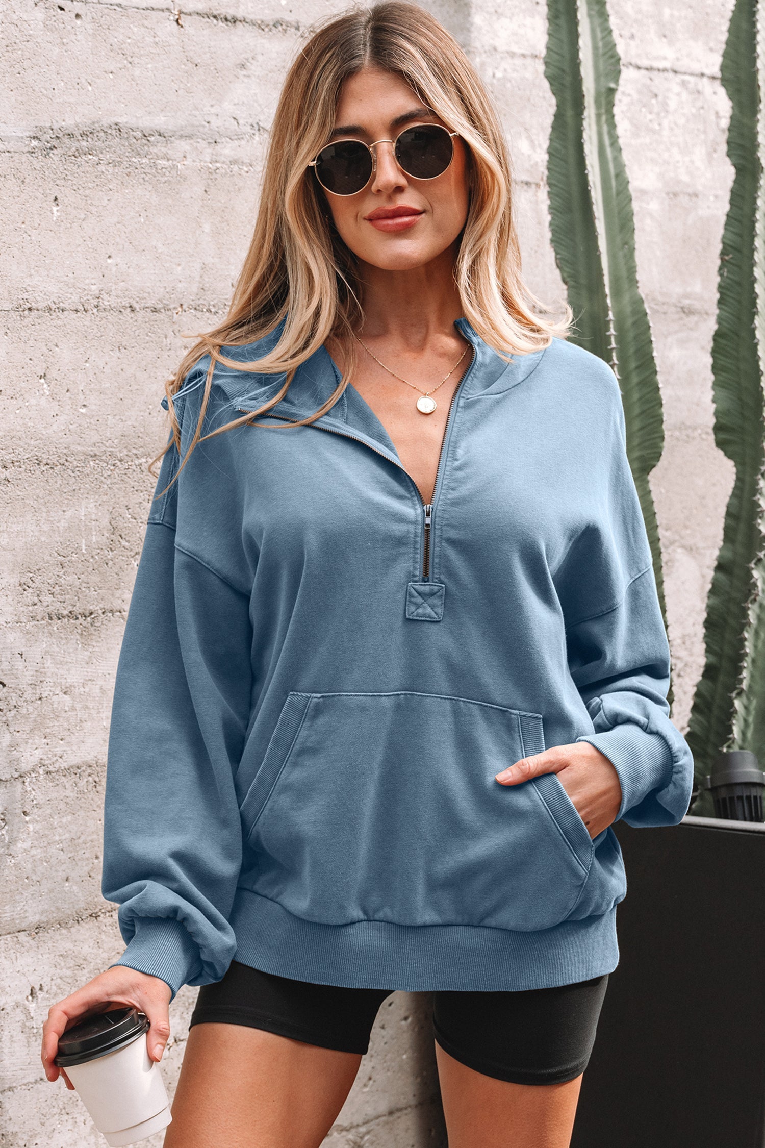Black Half Zip Kangaroo Pocket Mineral Wash Baggy Hoodie
