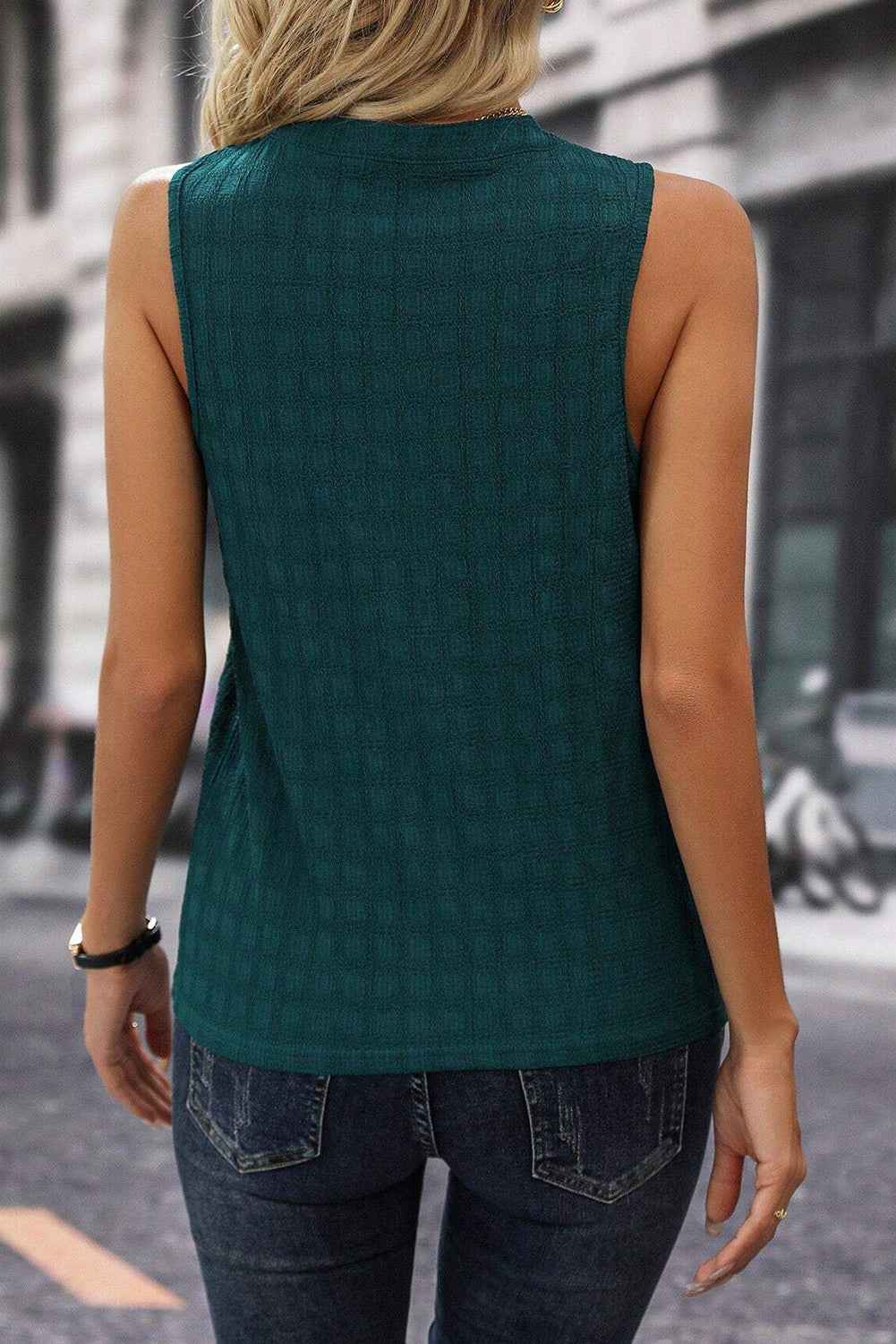 Sleeveless Top - Textured Split V Neck Women's Blouse