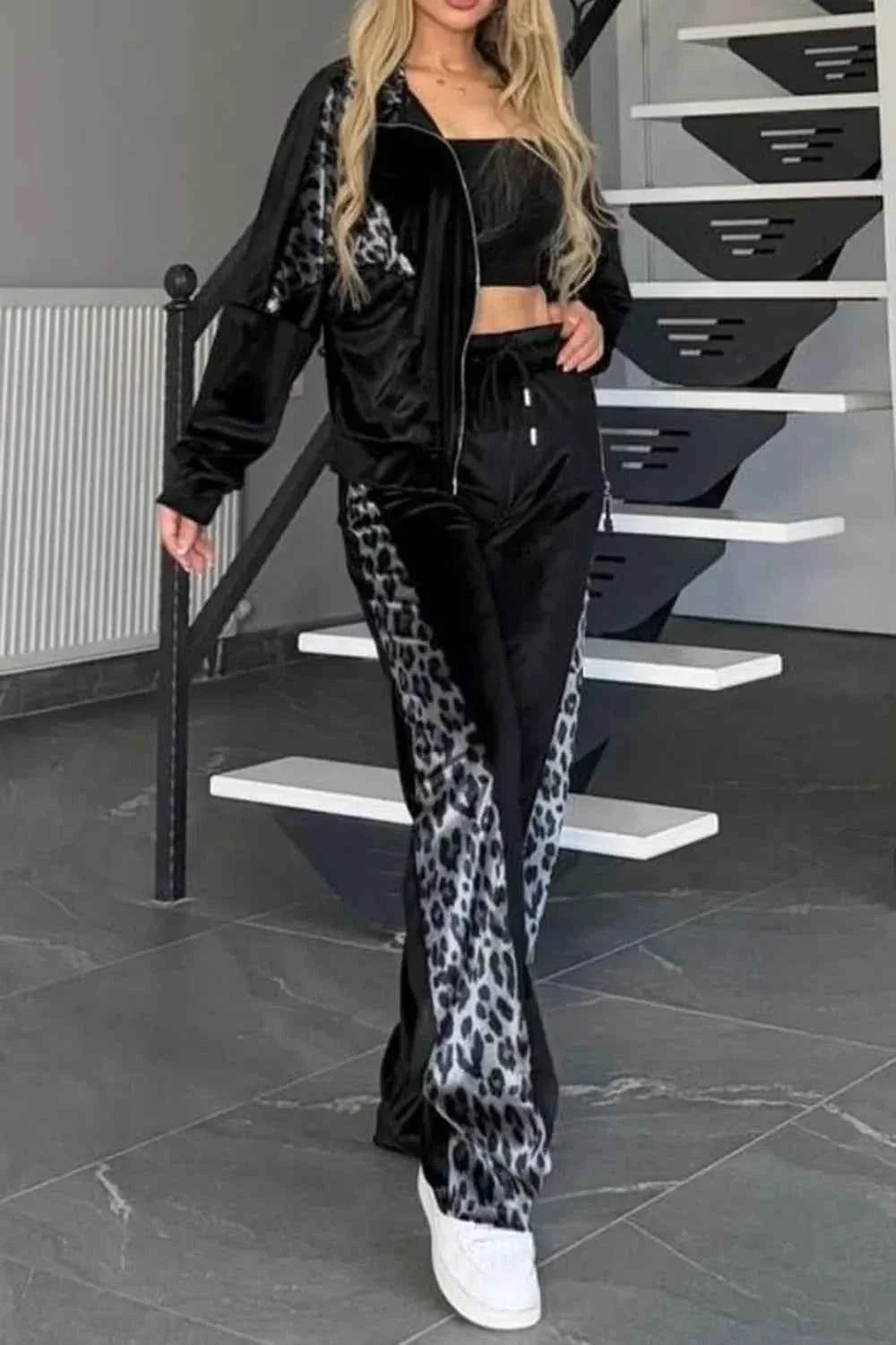 Full Size Collared Neck Leopard Zip Up Sweatsuit Plus Size