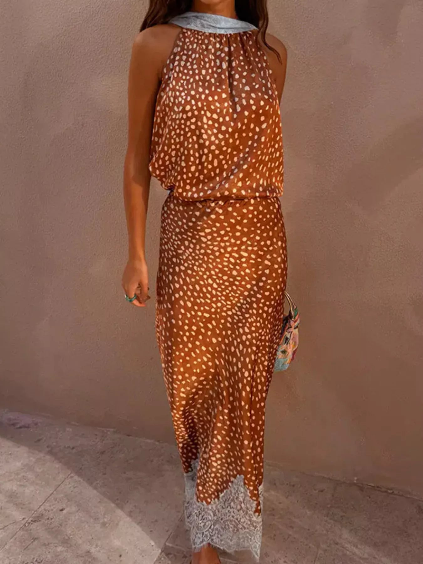 Brown Polka Dot Sleeveless Top and Lace Detail Skirt Set