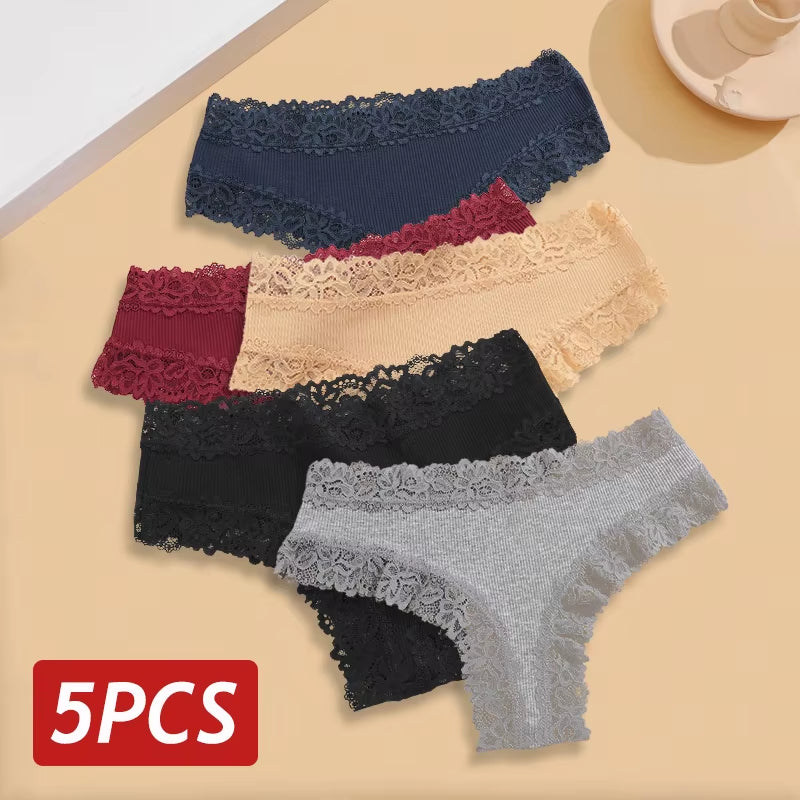 5Pcs/Set Women Lace Seamless Cotton Panties Sexy Brazilian Pants Ribbed Breathable Girls Underwear Soft plus Size Lingerie S-XL