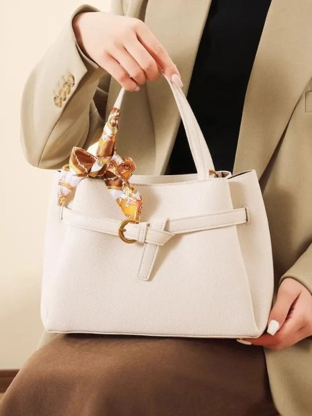 White PU Leather Top Handle Shoulder Bag with Scarf Accent