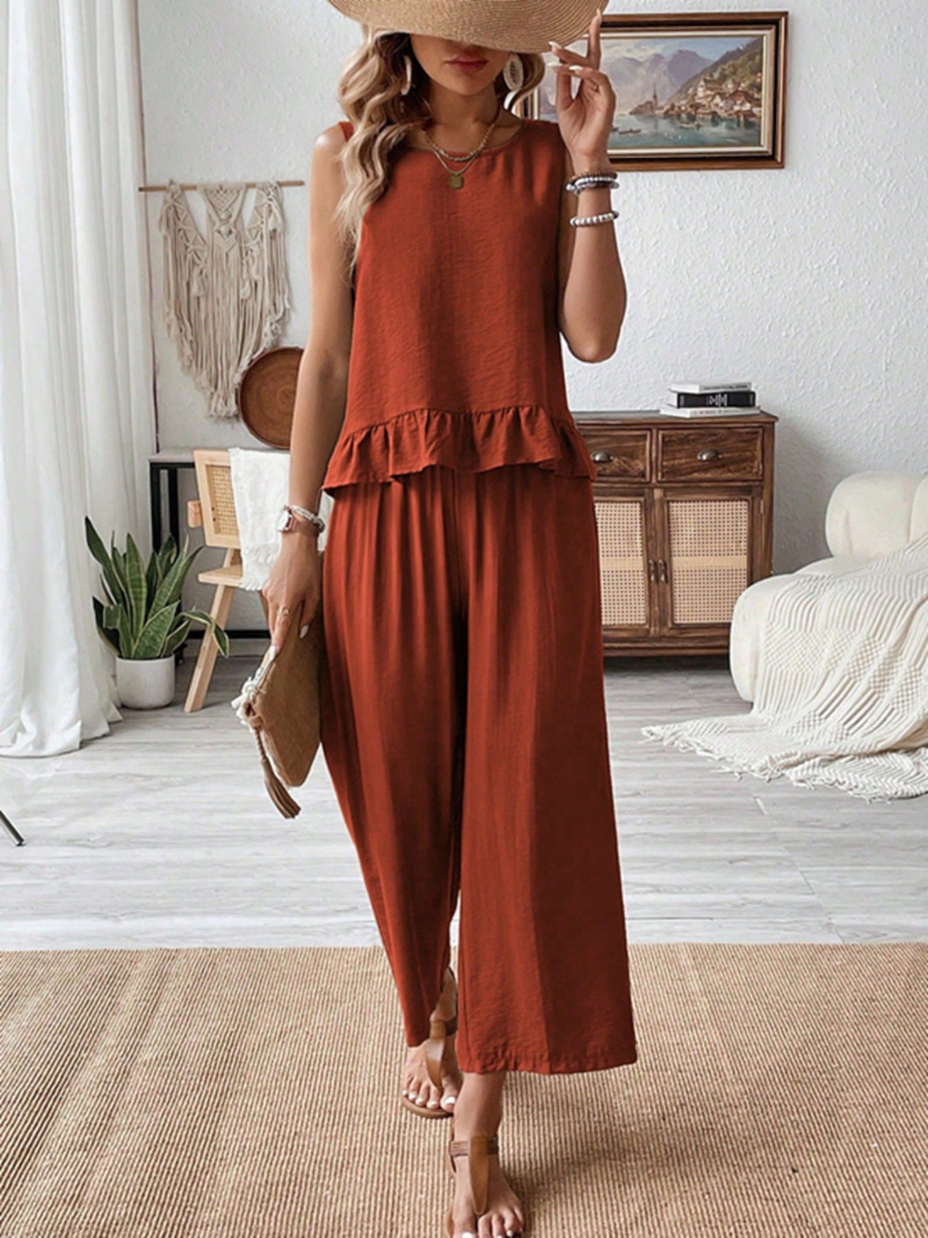 Women's Rust Sleeveless Ruffle Hem Tank & Wide Leg Pant Set