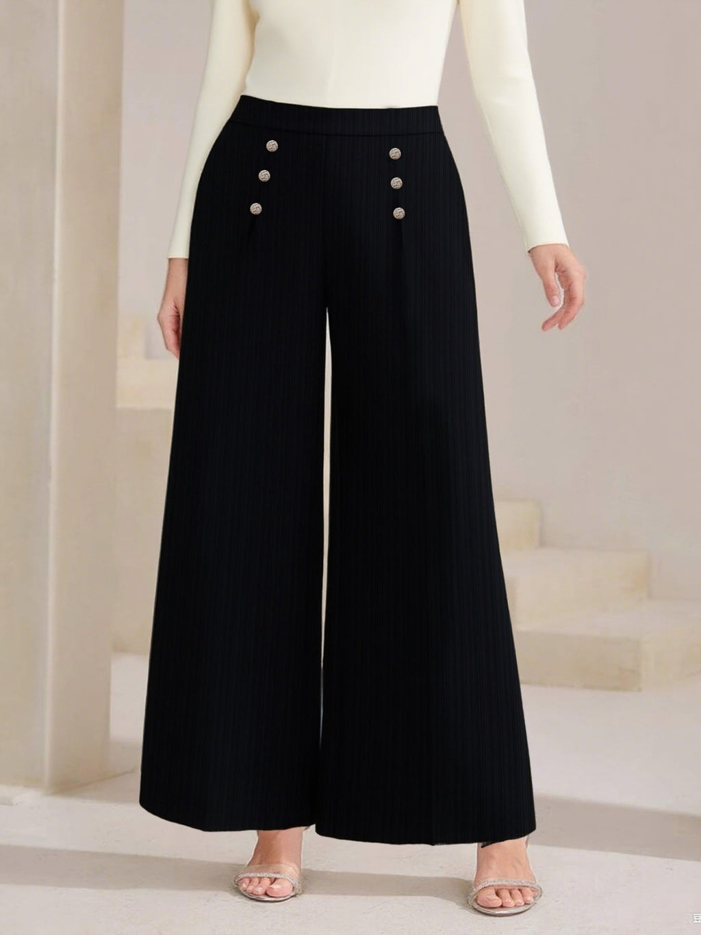Plus Size High Waist Wide Leg Button Decor Pants