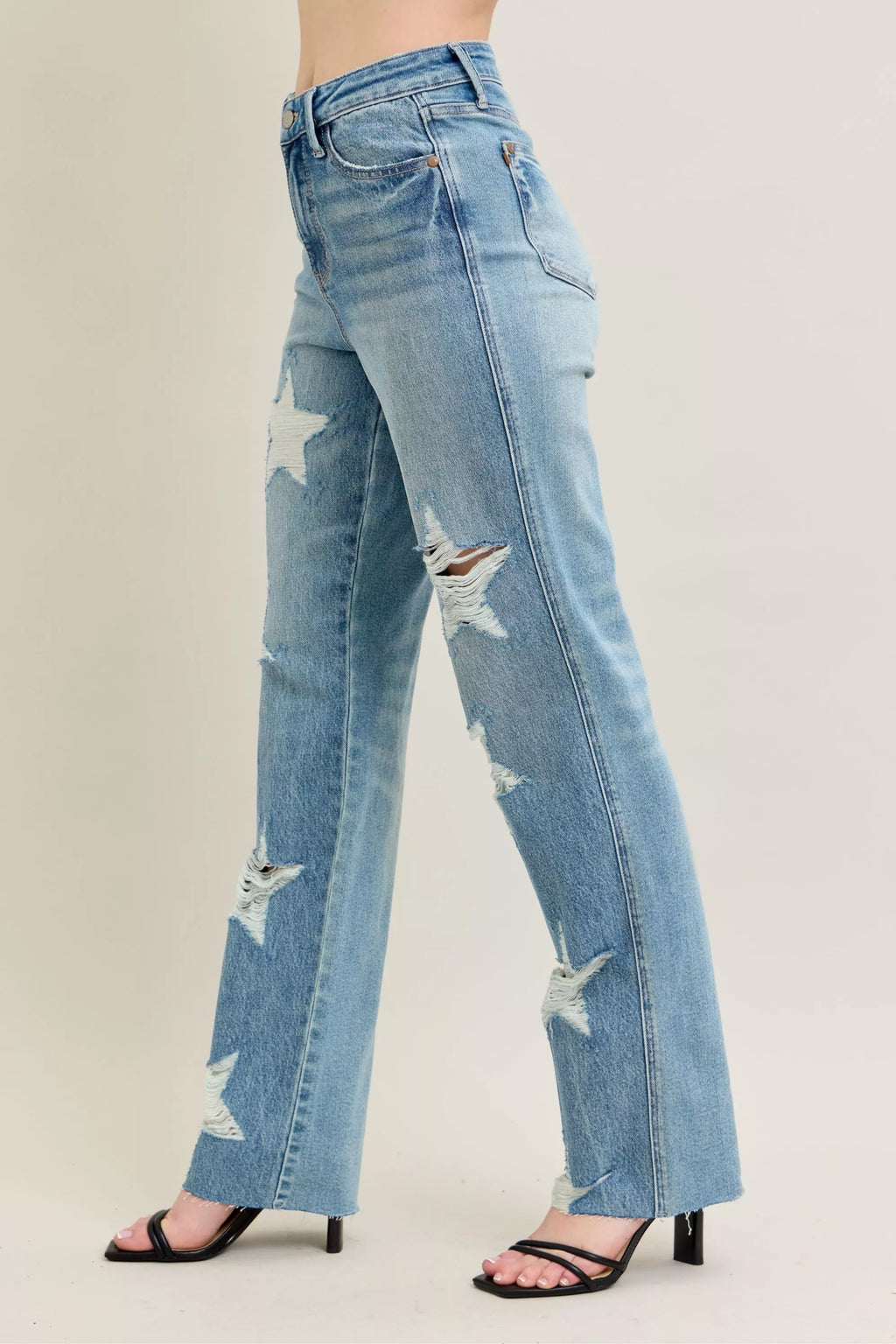Judy Blue High Waist Rigid Jeans With Edgy Magic Star Destroy Detail 90s Straight Leg Plus Size