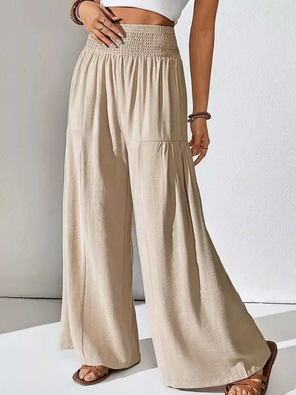 Women's Khaki Smocked Waist Wide Leg Flowy Casual Pants