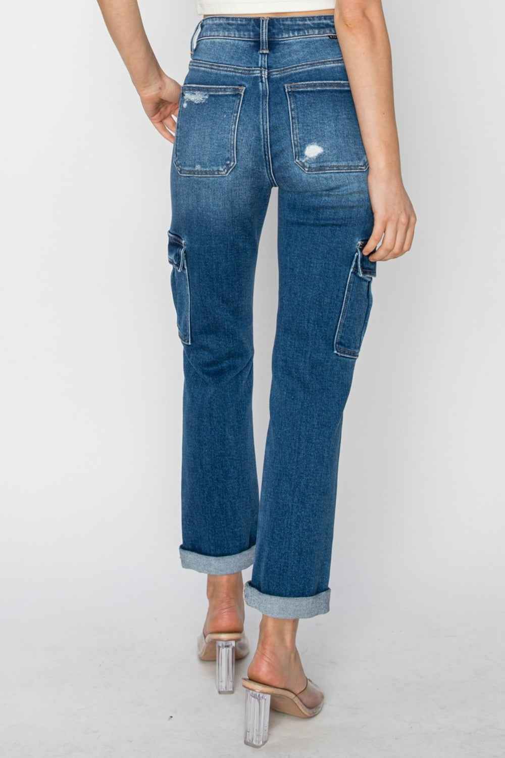RISEN High Rise Cargo Straight Leg Jeans