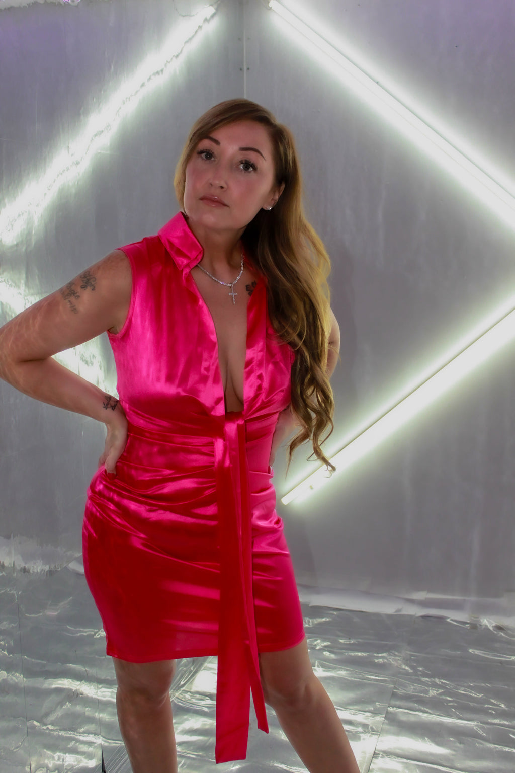 Fuchsia Satin Lace-Up Mini Party Dress