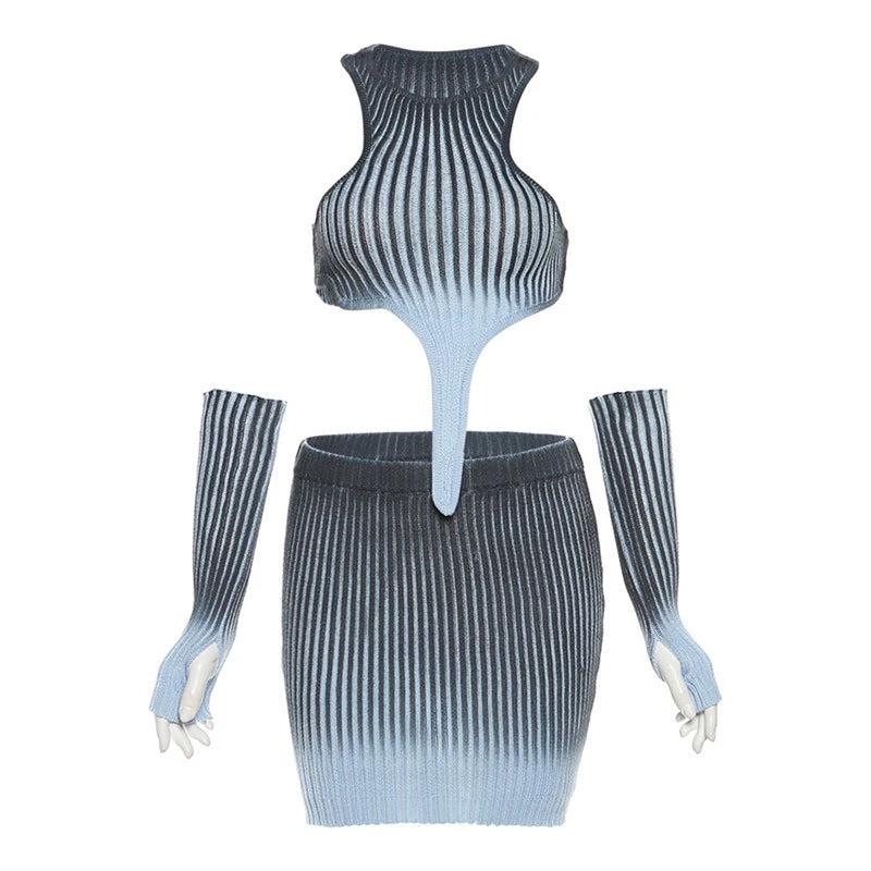 Knitted Gradient Irregular Top High Waist Skirt Set