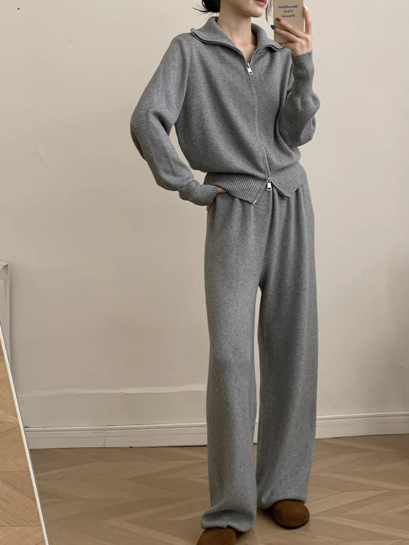 Women's Zip Up Collared Loungewear Set with Wide Leg Pants