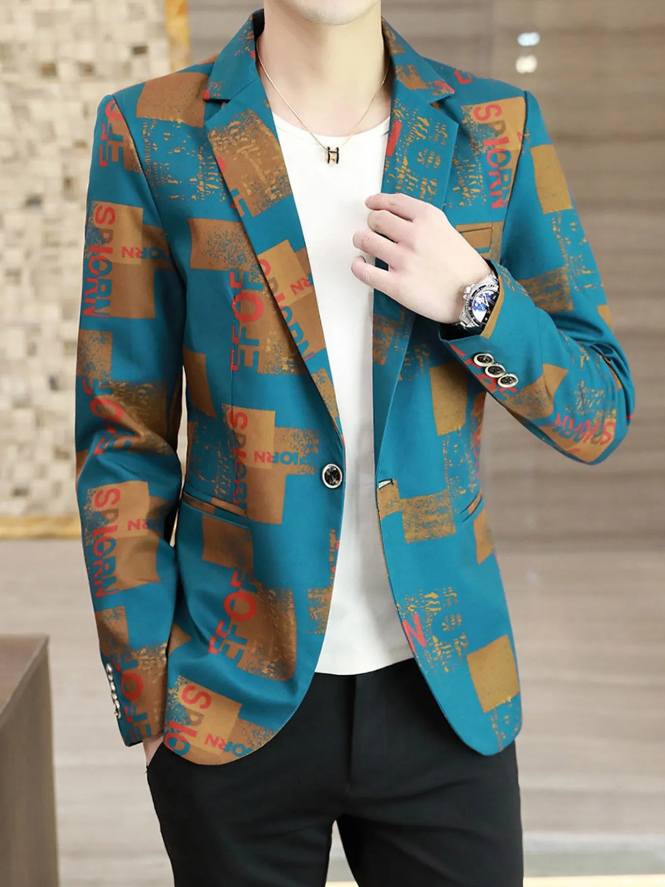 Men's Plus Size Printed One Button Slim Fit Blazer