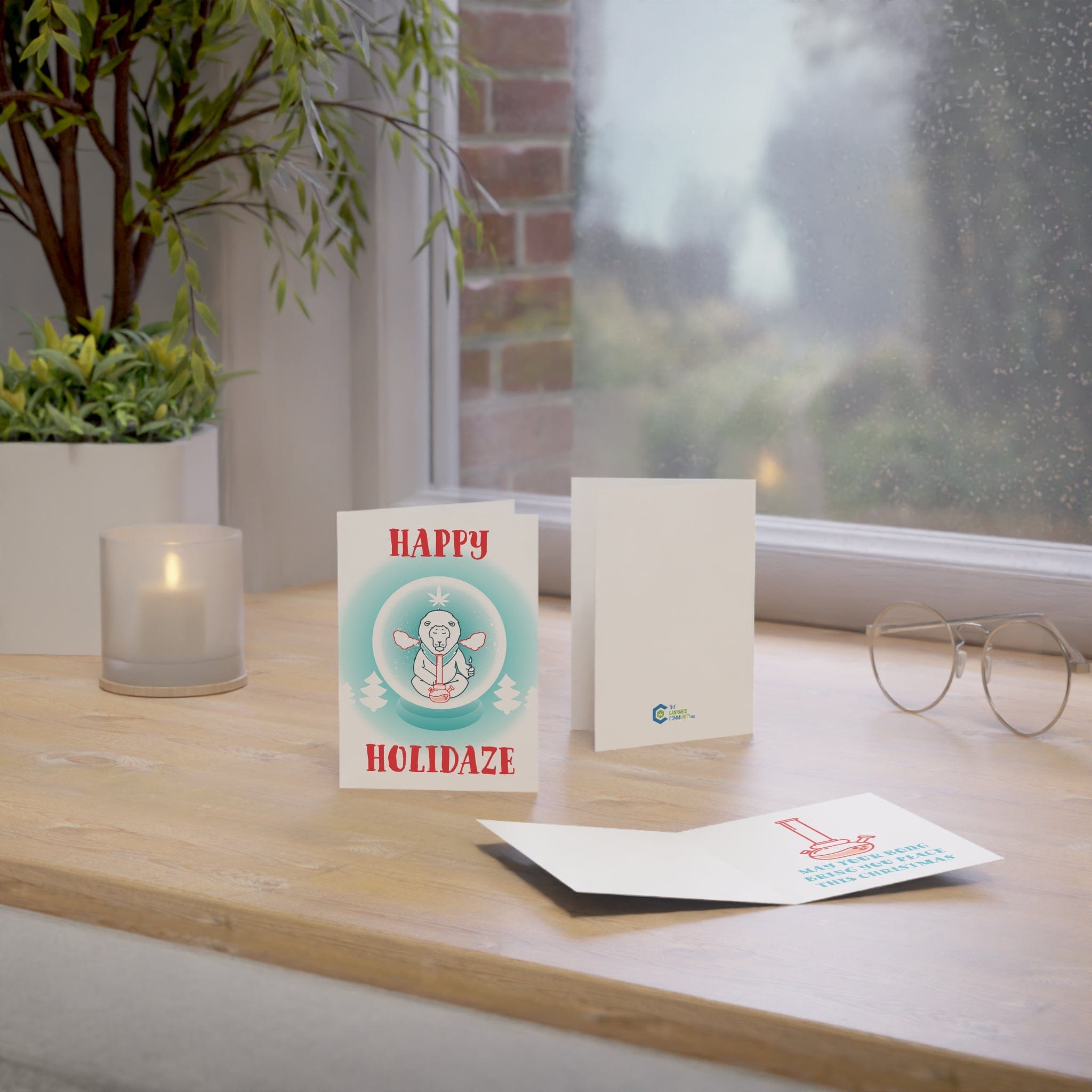 Happy Holidaze Zen Lion Smoking Bong Merry Christmas Greeting Cards (1, 10, 30, and 50pcs)