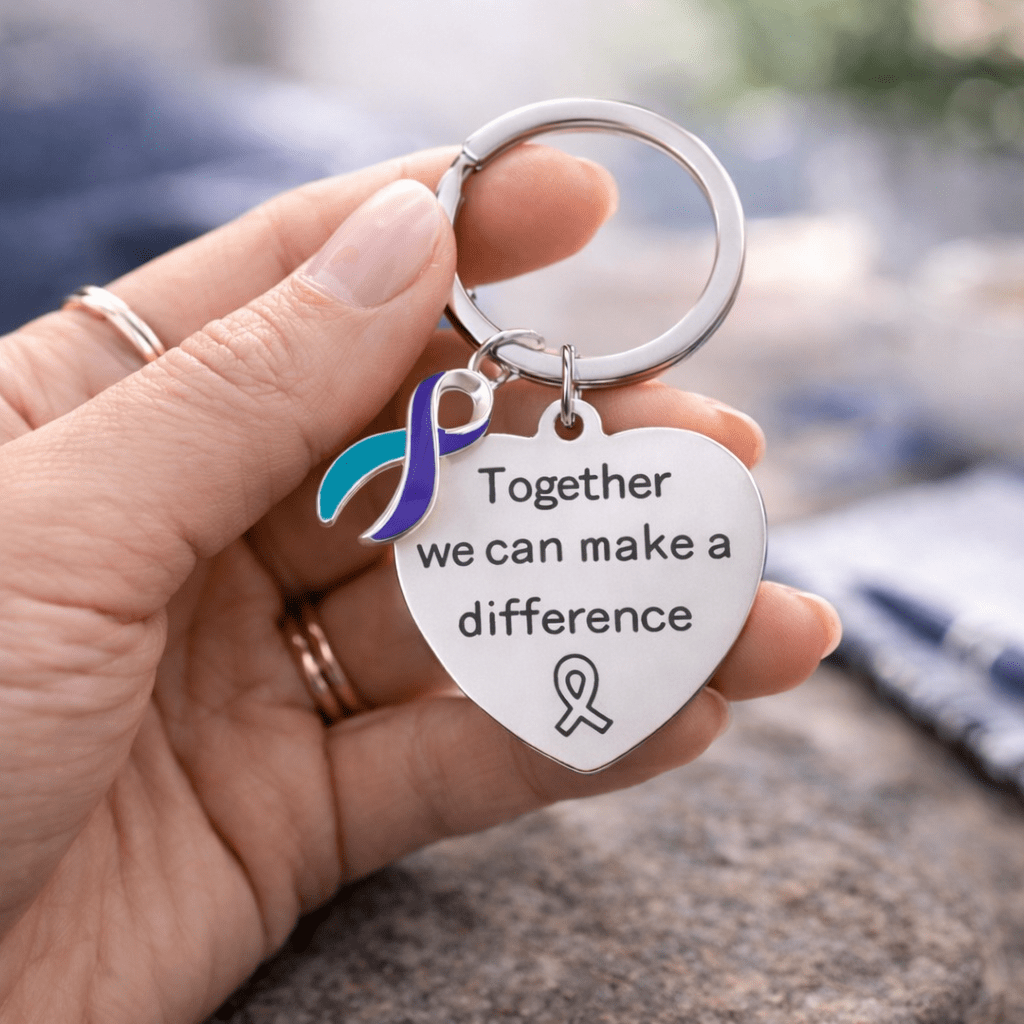 Big Heart Teal & Purple Ribbon Key Chains