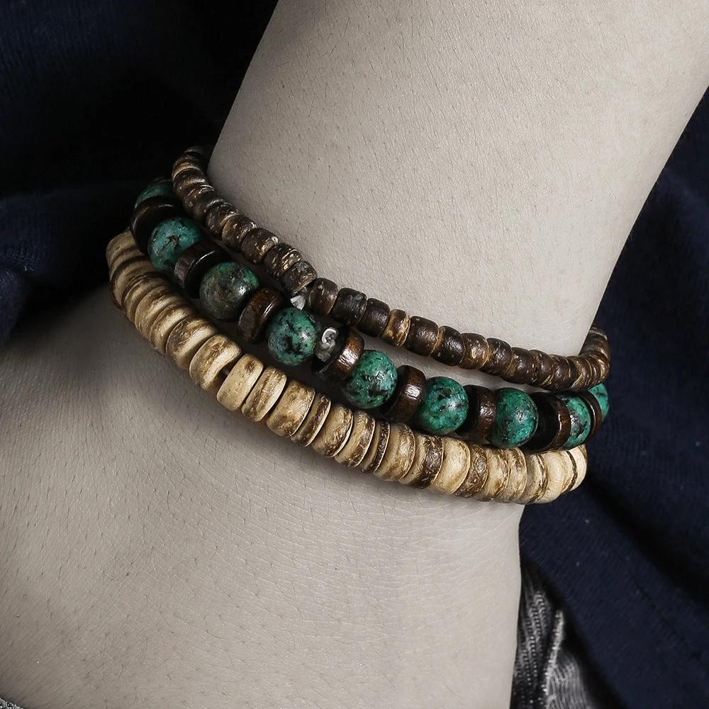Retro Men's Coconut Wood Multi-Layer Stackable Bracelet Set