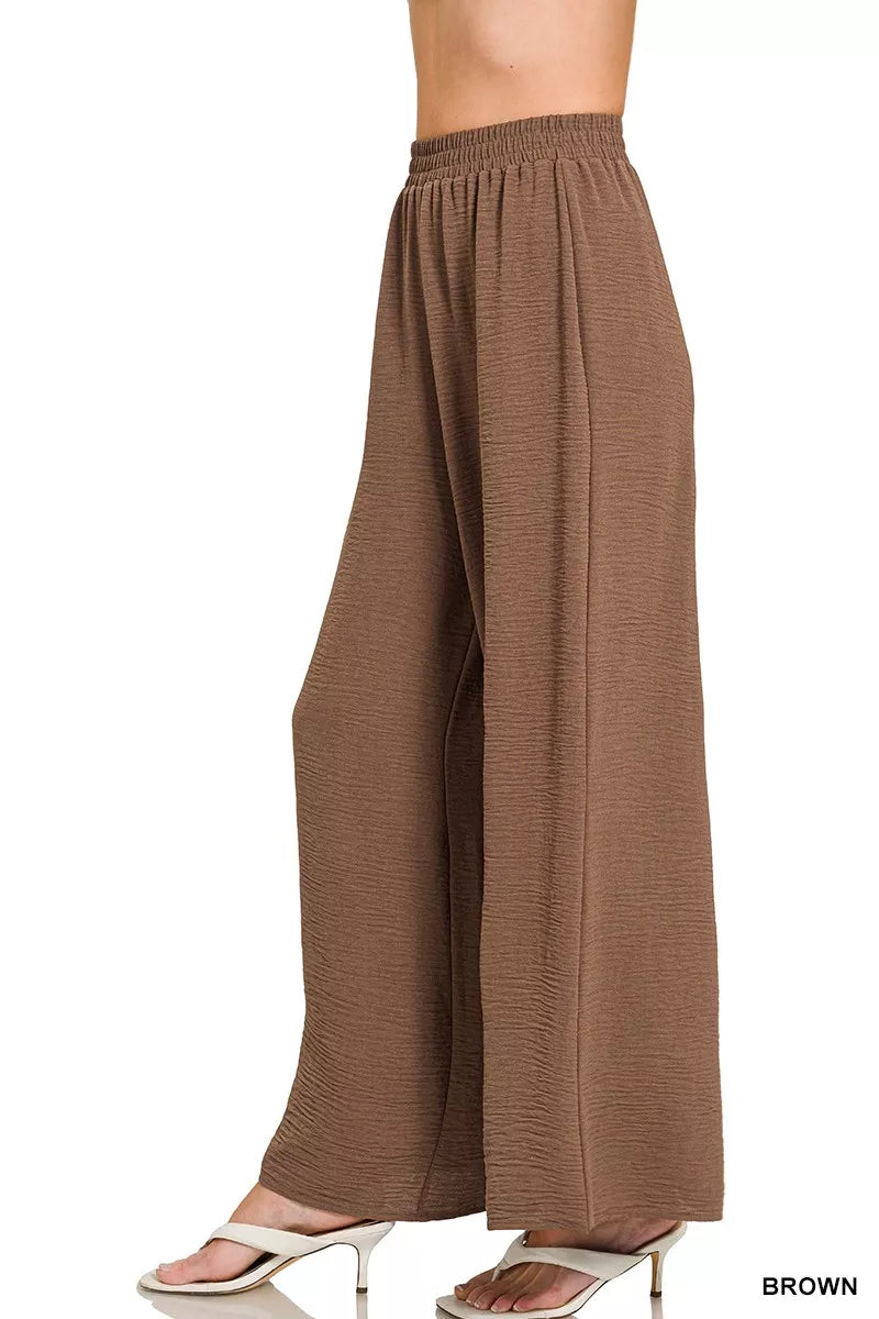 Women's Brown Airflow Wide Leg Pants with Elastic Waistband