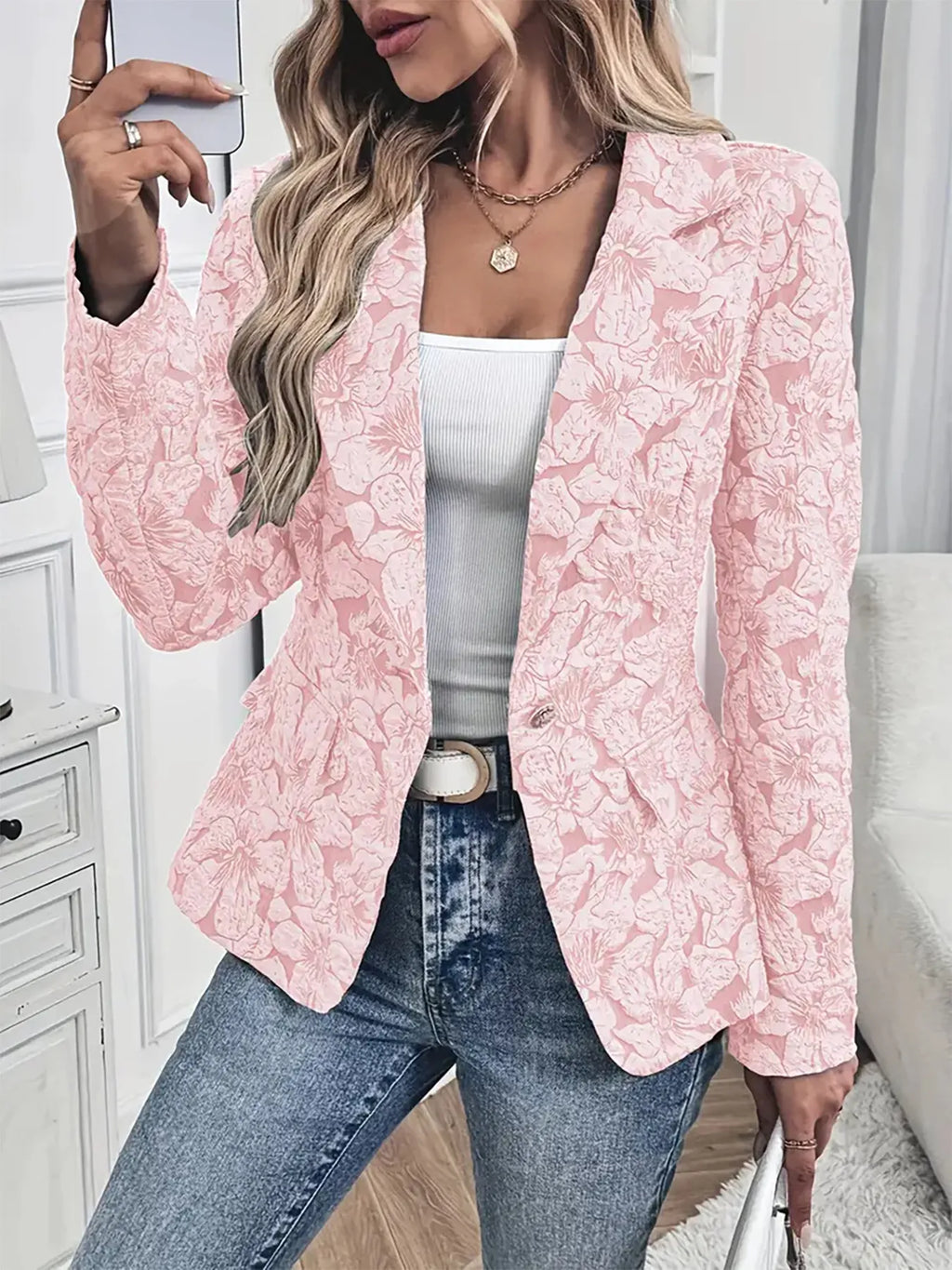 Floral Print Single Button Blazer with Pockets