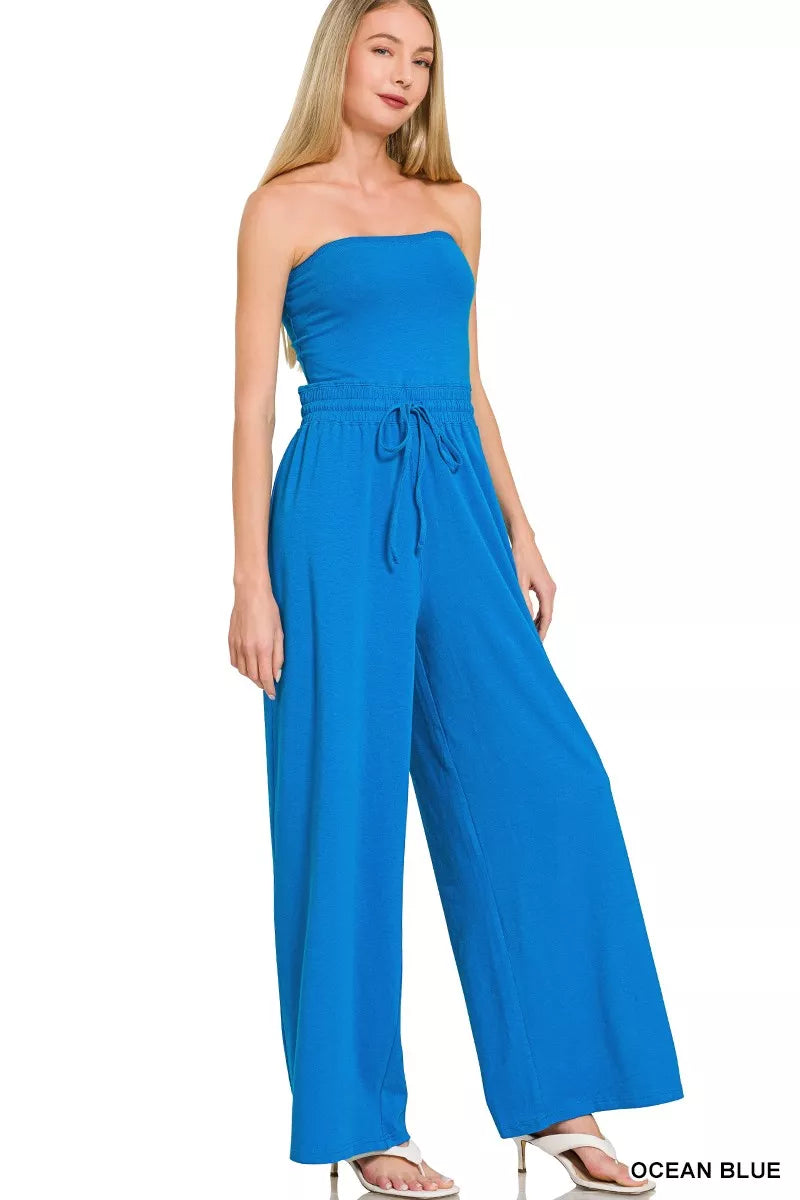 Ocean Blue Tube Top Jumpsuit with Drawstring Waist