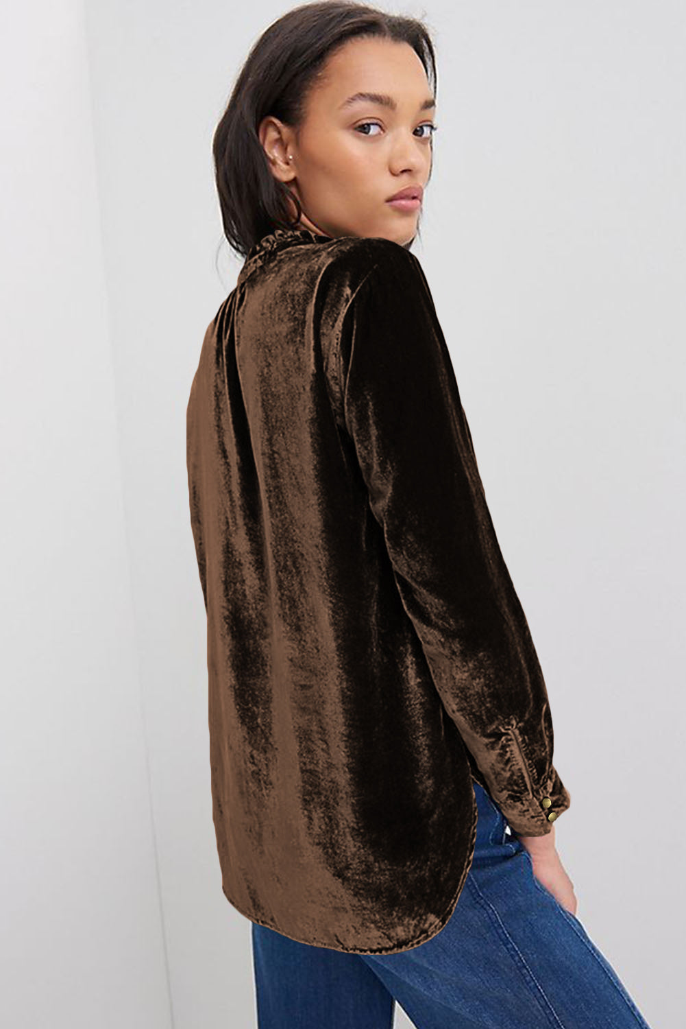 Green Frilled Neck Buttoned Front Velvet Women's Top