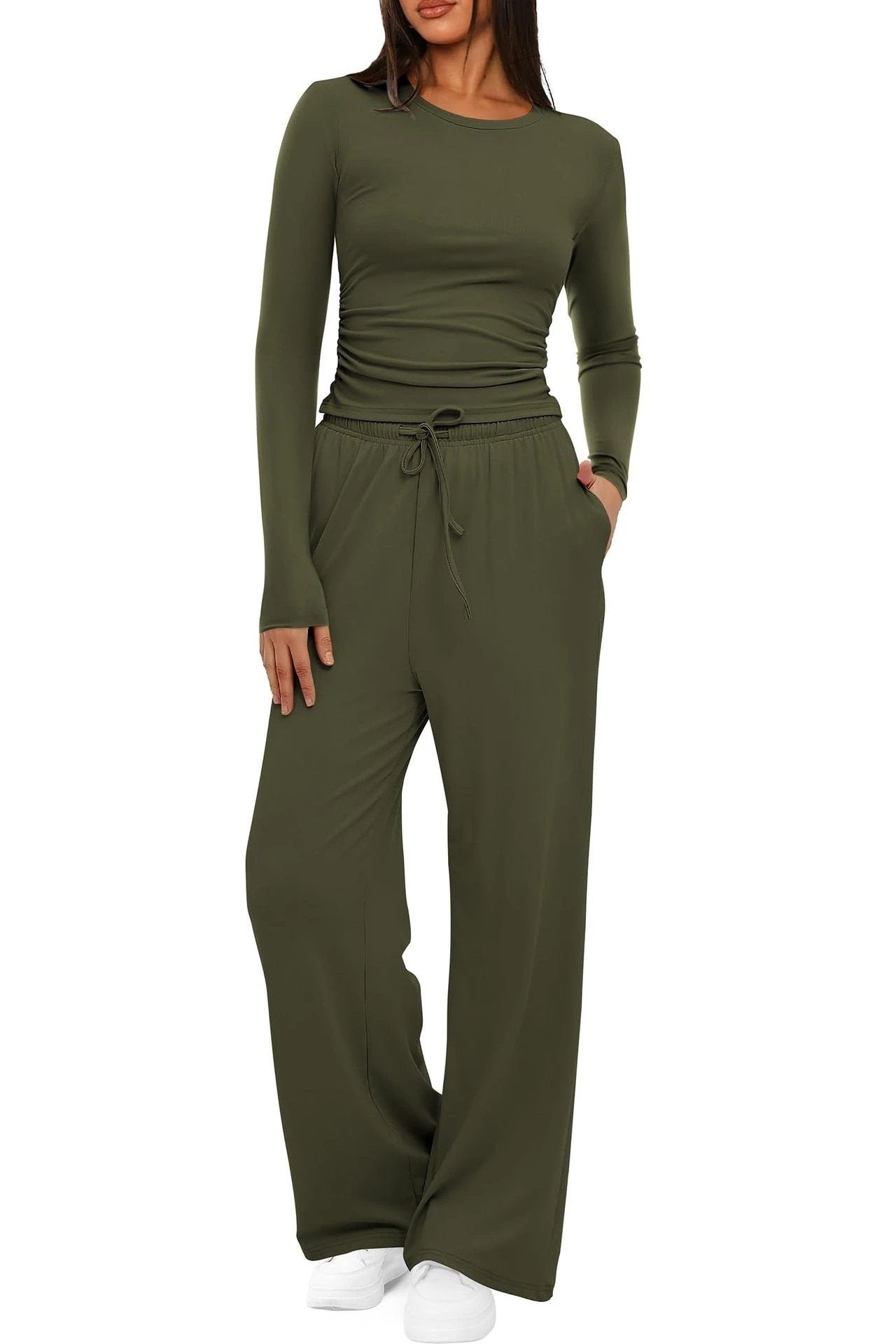 2 Pieces Women's Suit Autumn Winte Long Sleeve Tops High Waisted Wide Leg Pants Sportswear Female Clothes Solid Color Casual Suit